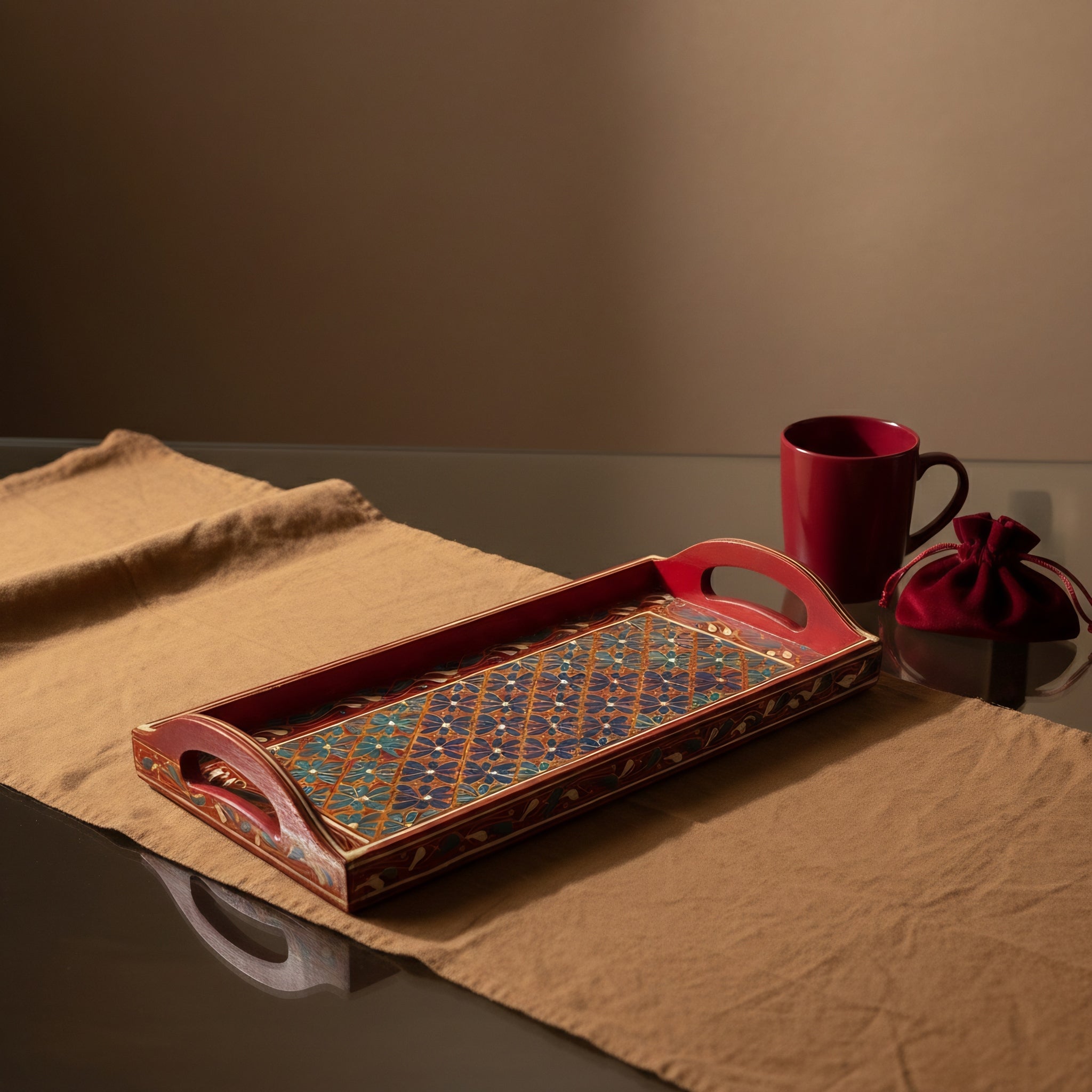 Swati Hand-Painted Rectangular Tray Red Base — authentic handmade wooden craft — Craftan Pakistan