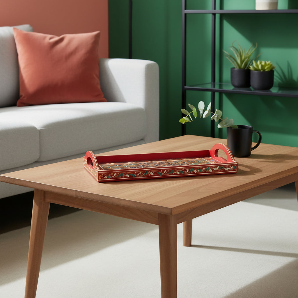 Swati Hand-Painted Rectangular Tray Red Base — traditional Swati wooden design — Craftan Pakistan