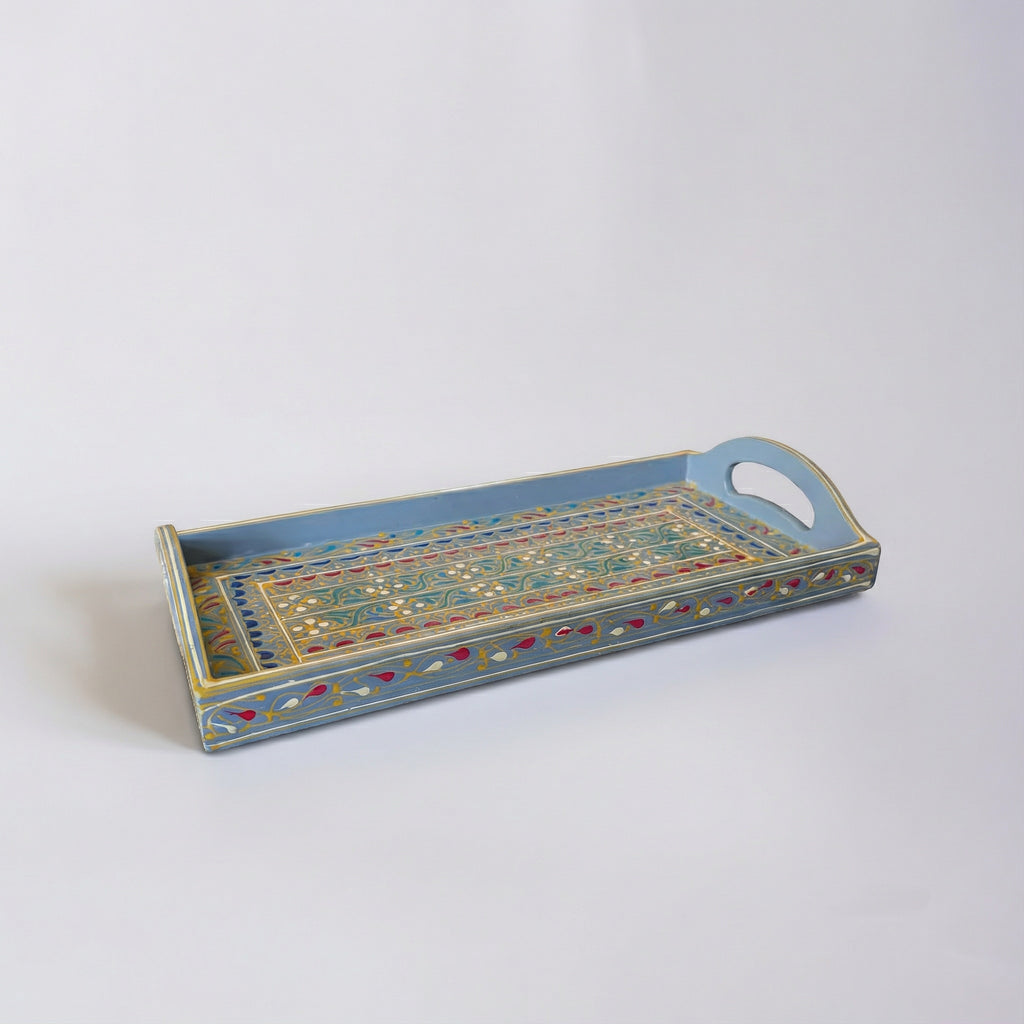 Swati Hand-Painted Rectangular Tray Grey Base — handmade wooden craft — Craftan Pakistan