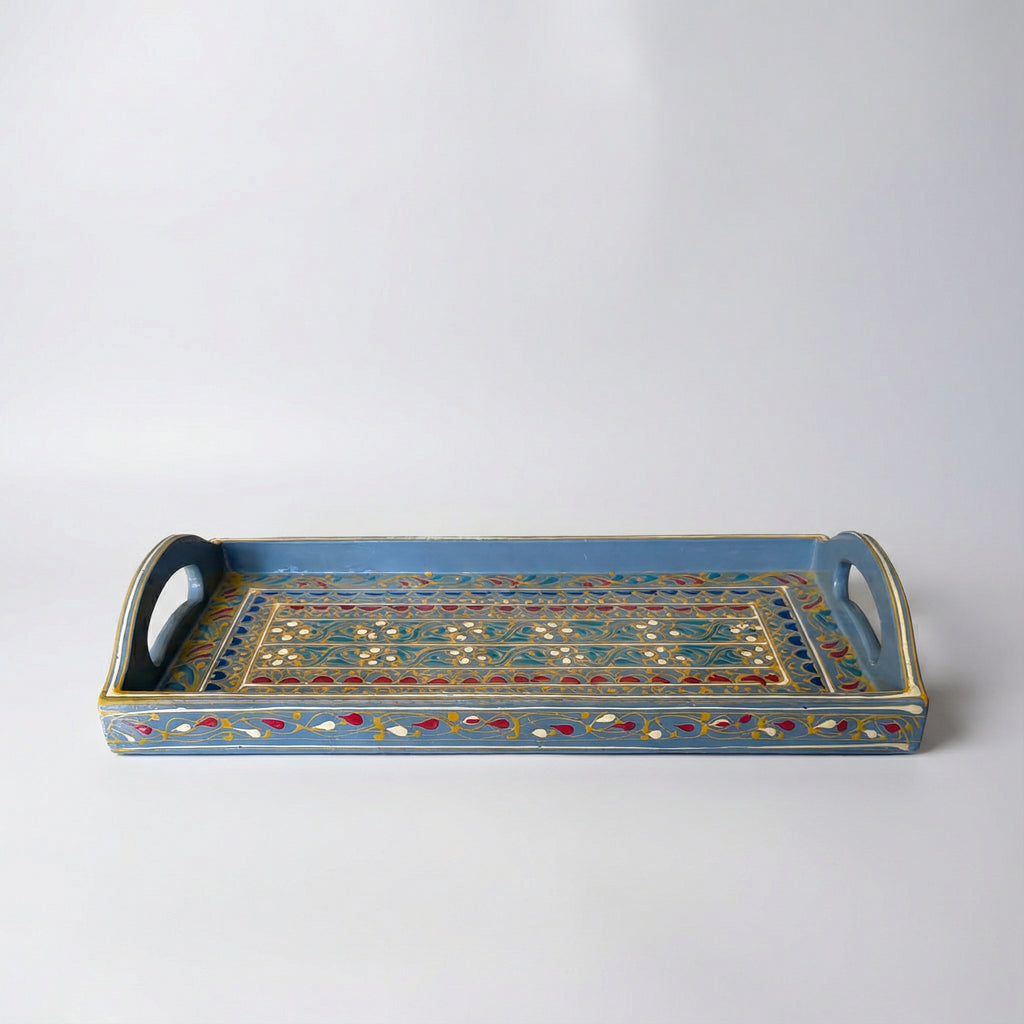 Swati Hand-Painted Rectangular Tray Grey Base — traditional Pakistani wooden artistry — Craftan Pakistan