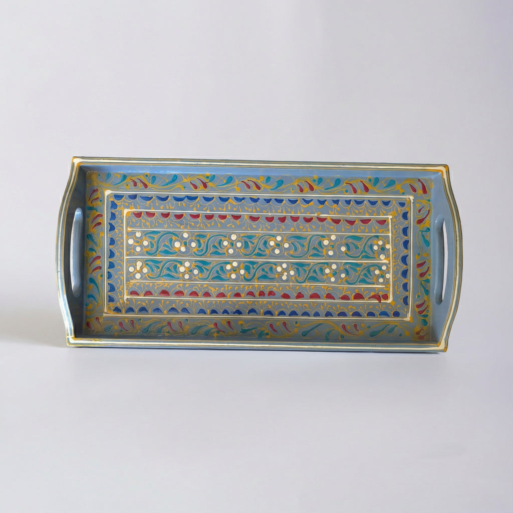 Swati Hand-Painted Rectangular Tray Grey Base — detailed wooden paintwork — Craftan Pakistan
