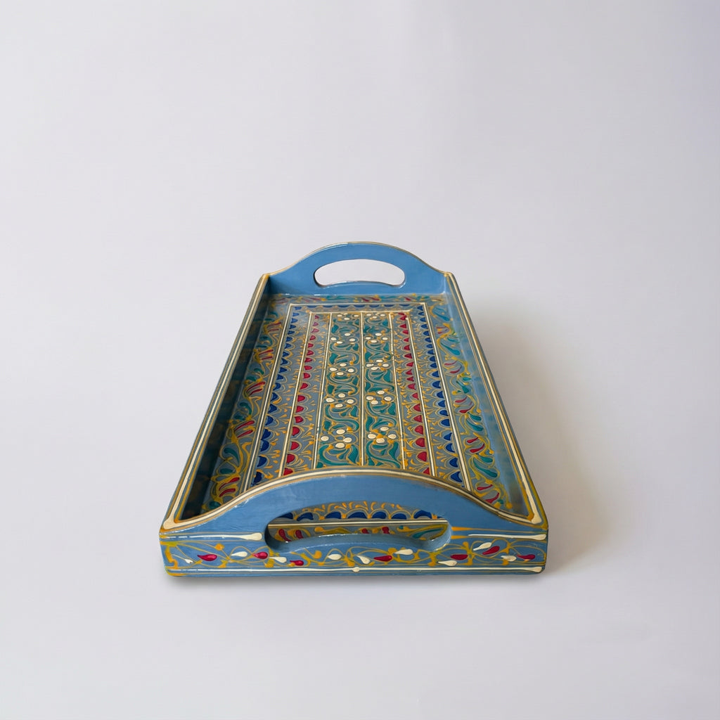 Swati Hand-Painted Rectangular Tray Grey Base — authentic Swati wooden craftsmanship — Craftan Pakistan