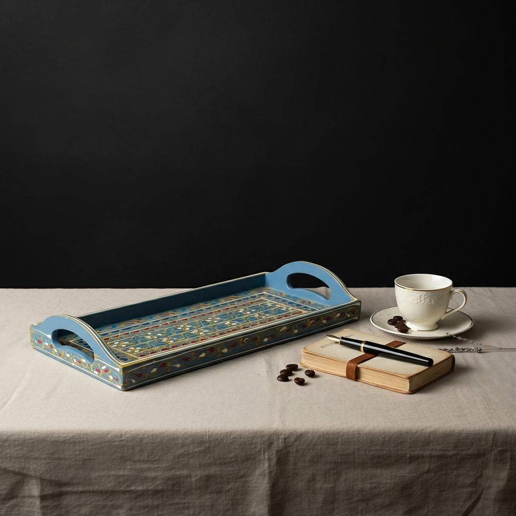 Swati Hand-Painted Rectangular Tray Grey Base — Pakistani wooden serving tray — Craftan Pakistan