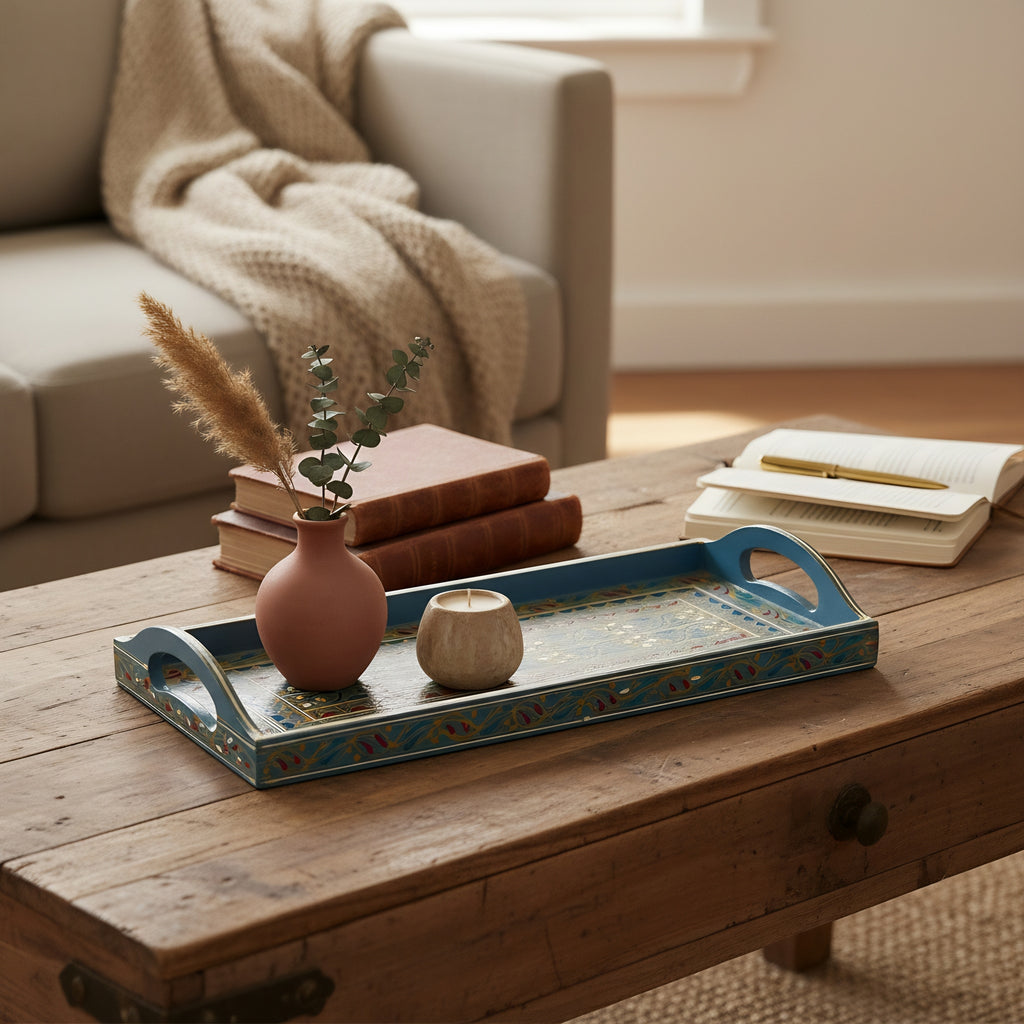 Swati Hand-Painted Rectangular Tray Grey Base — handcrafted Swati wooden heritage — Craftan Pakistan