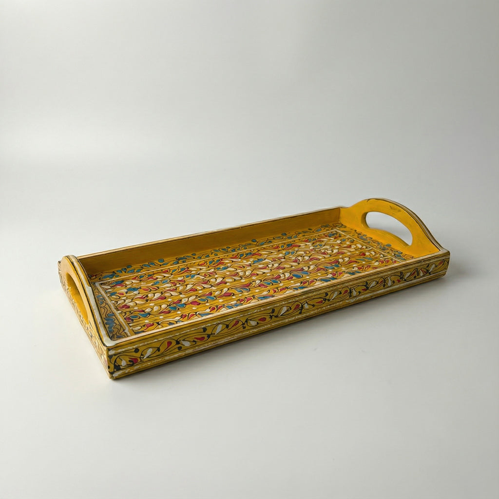 Swati Hand-Painted Rectangular Tray Deep Yellow Base — handmade wooden — Craftan Pakistan