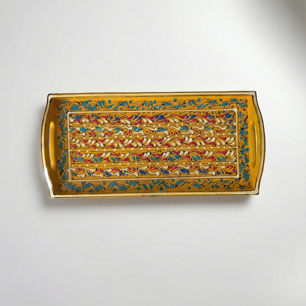 Swati Hand-Painted Rectangular Tray Deep Yellow Base — authentic Pakistani wooden craft — Craftan Pakistan