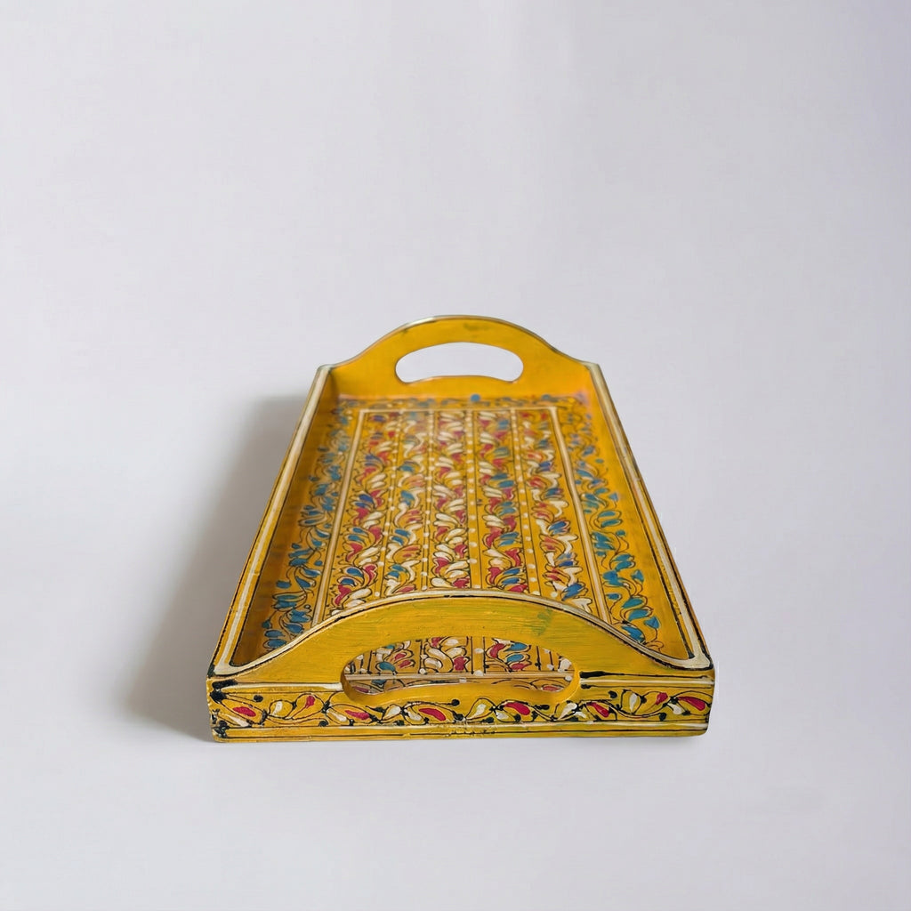 Swati Hand-Painted Rectangular Tray Deep Yellow Base — traditional Swati artistry — Craftan Pakistan