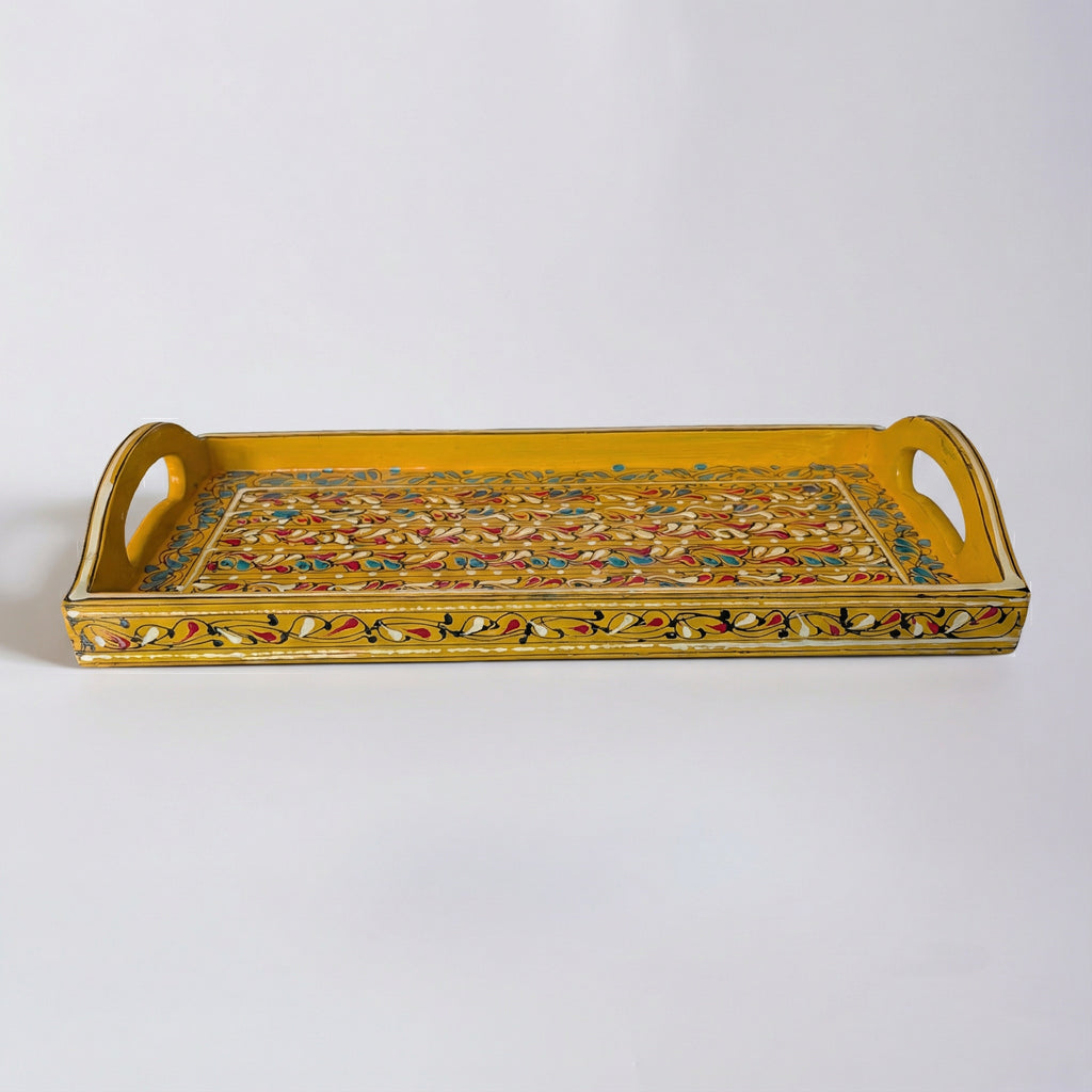 Swati Hand-Painted Rectangular Tray Deep Yellow Base — detailed floral patterns — Craftan Pakistan