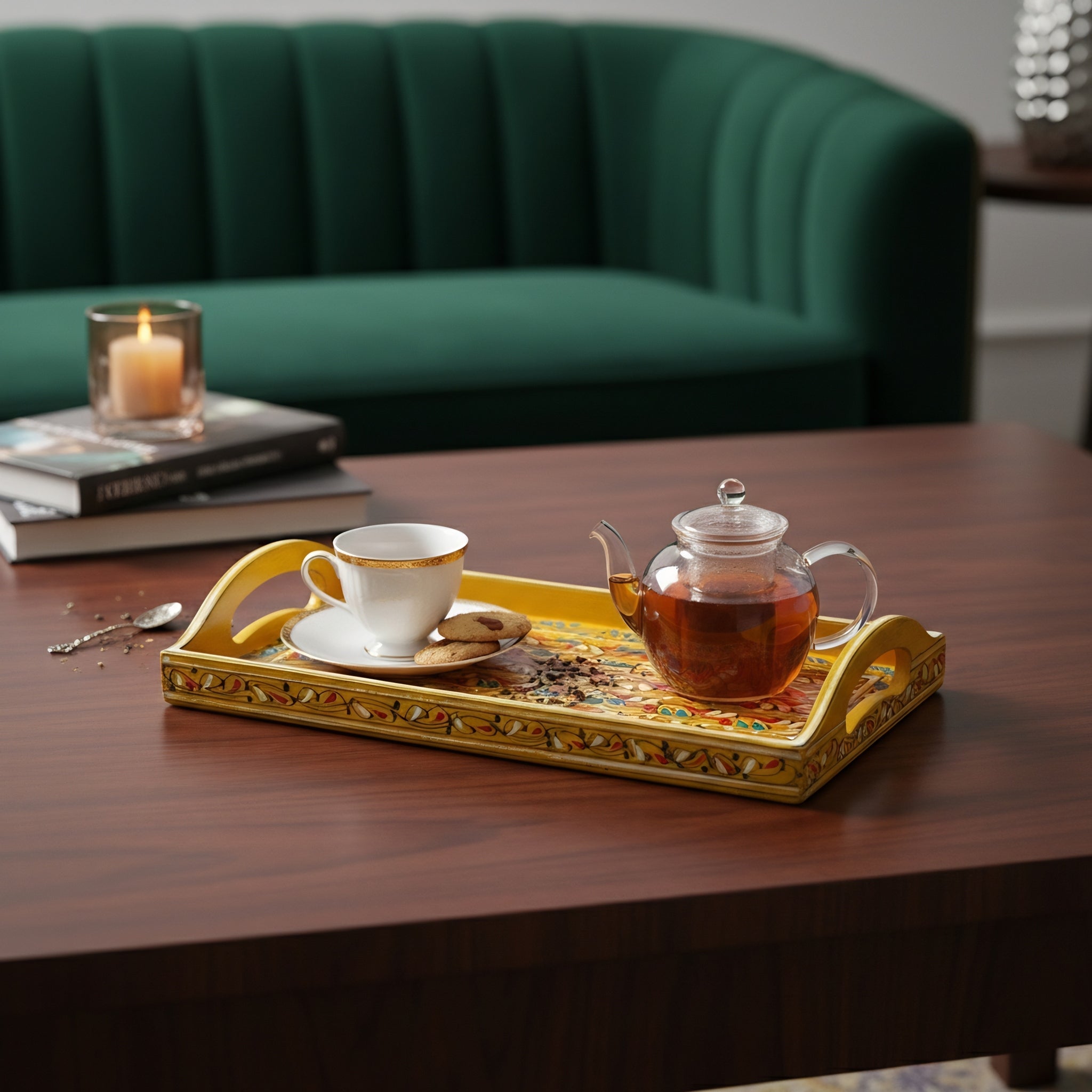 Swati Hand-Painted Rectangular Tray Deep Yellow Base — traditional Swati wooden craftsmanship — Craftan Pakistan