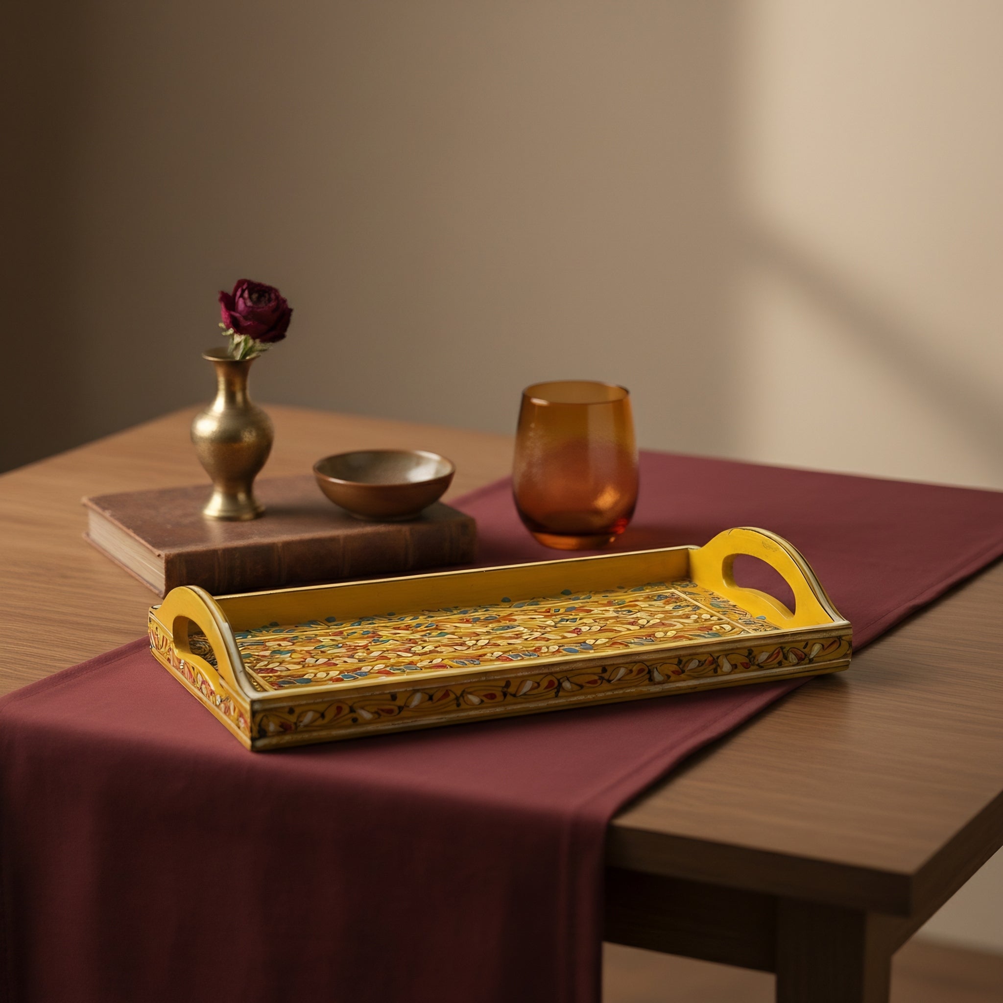 Swati Hand-Painted Rectangular Tray Deep Yellow Base — handcrafted wooden design details — Craftan Pakistan