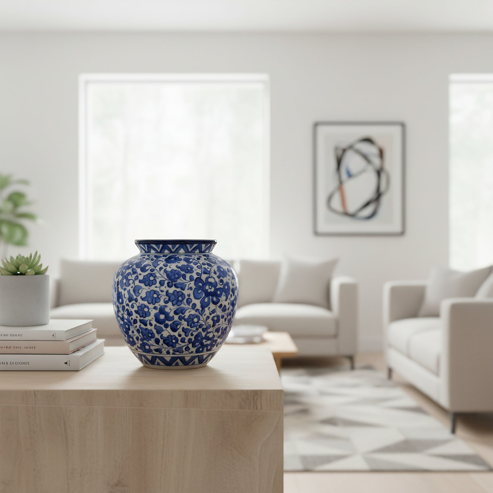 9″ Apple-Shaped Blue Pottery Vase - Grape Vine design