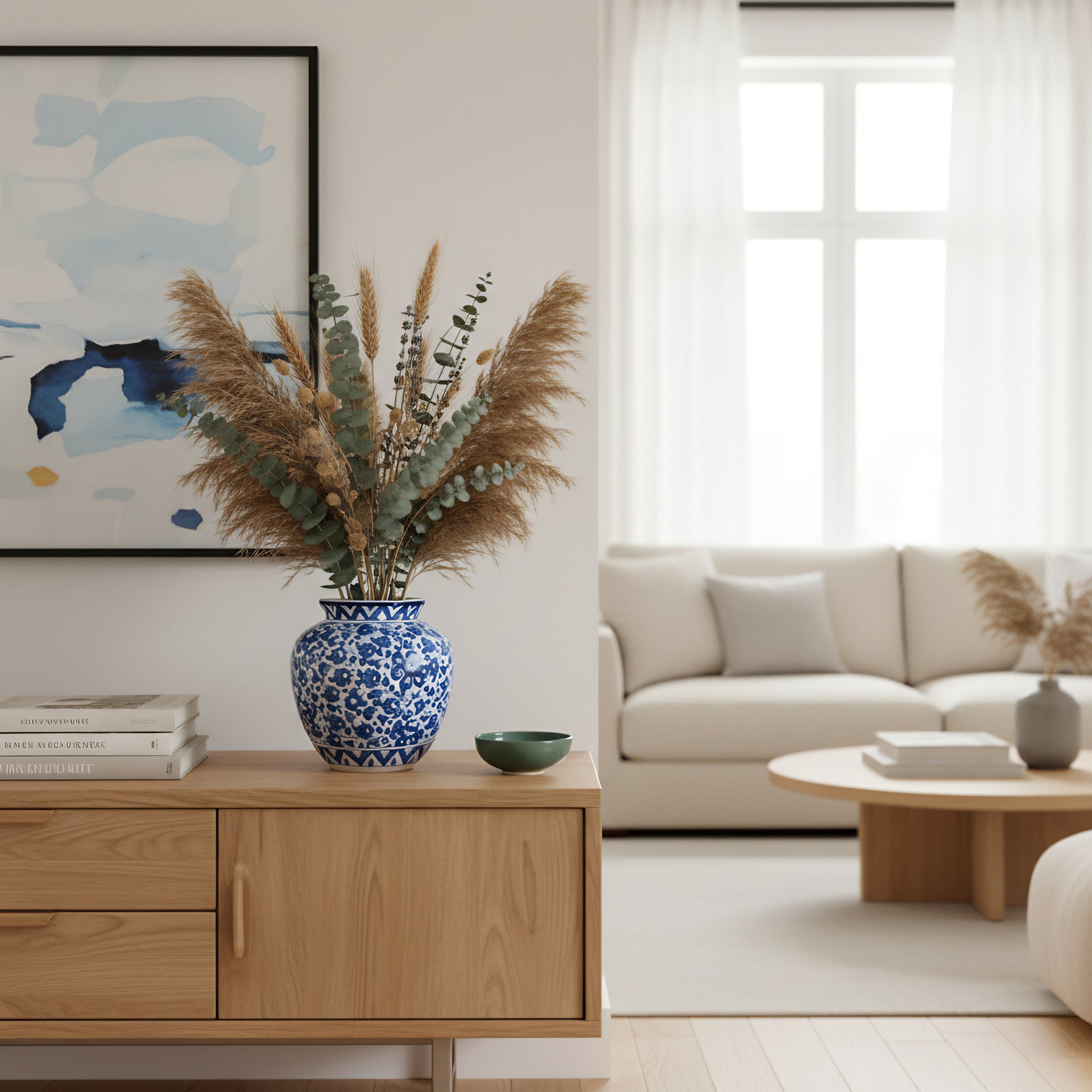 9″ Apple-Shaped Blue Pottery Vase - Grape Vine design