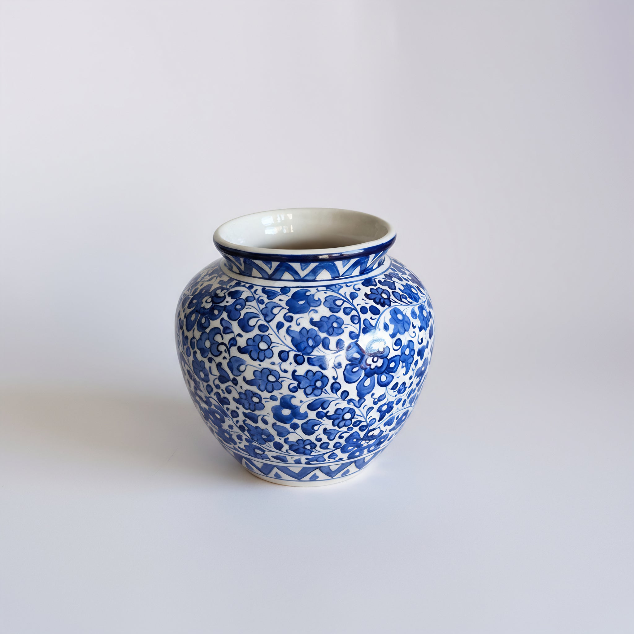 9″ Apple-Shaped Blue Pottery Vase - Grape Vine design