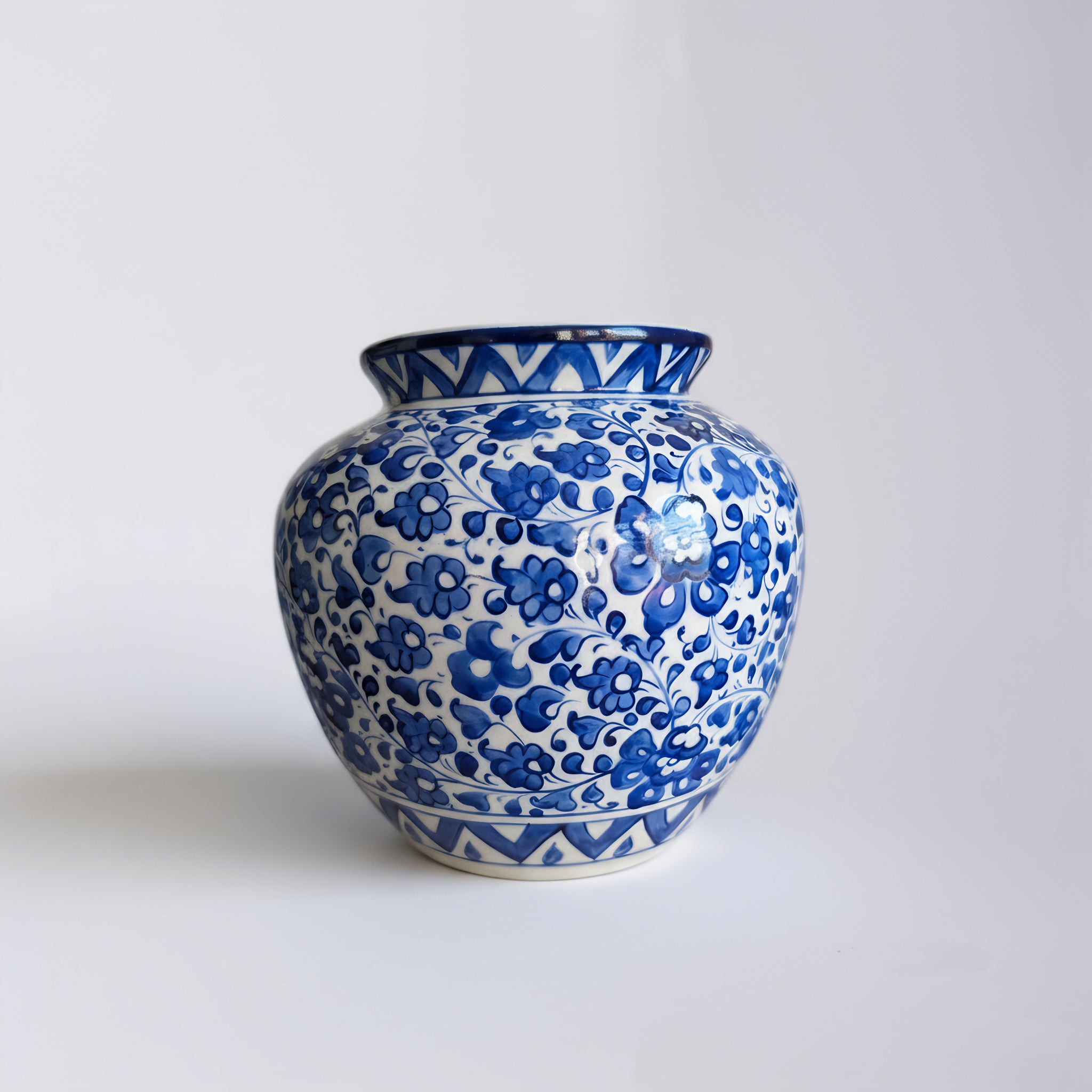 9″ Apple-Shaped Blue Pottery Vase - Grape Vine design