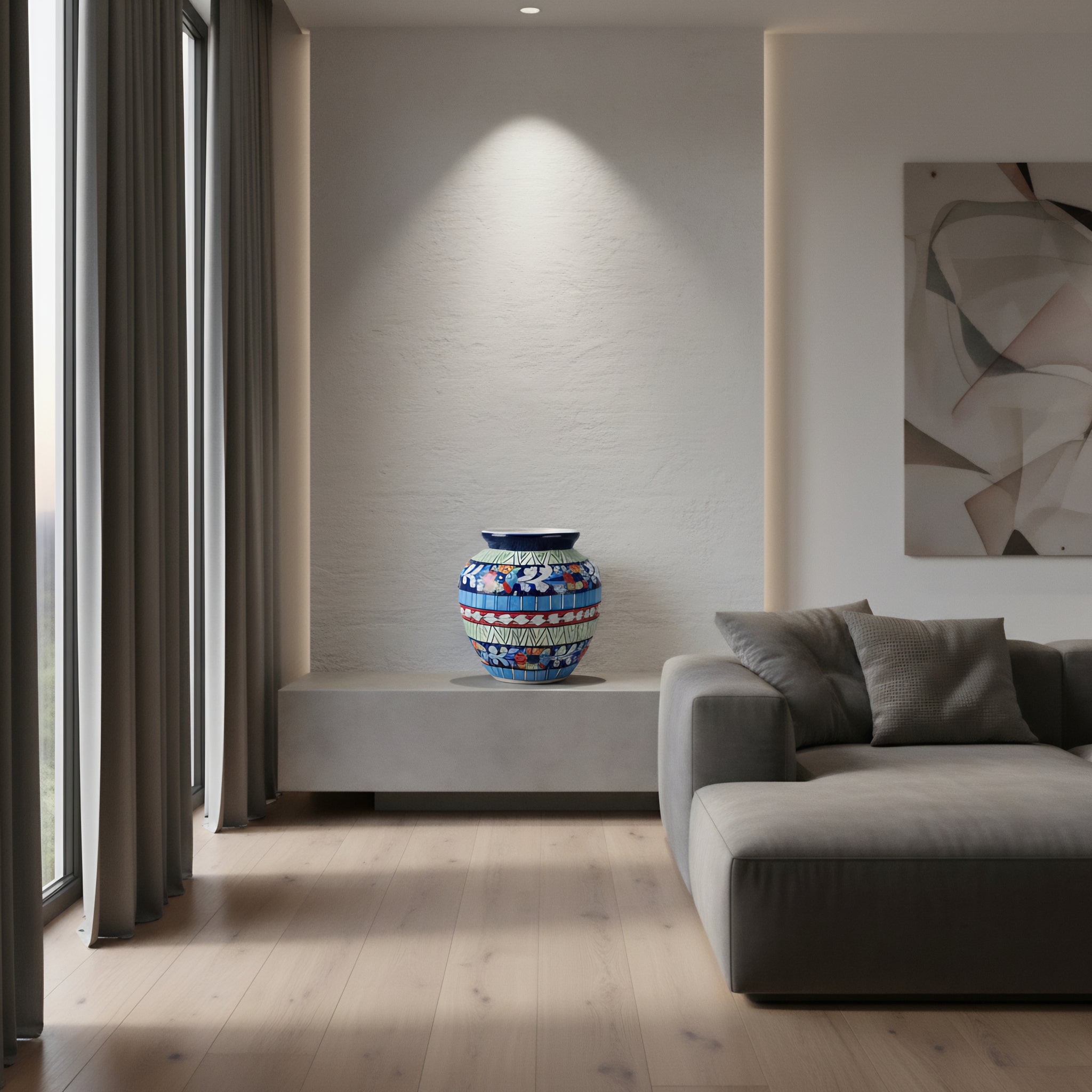 Multicolor Floral Apple-Shaped Blue Pottery Vase – 9 Inch