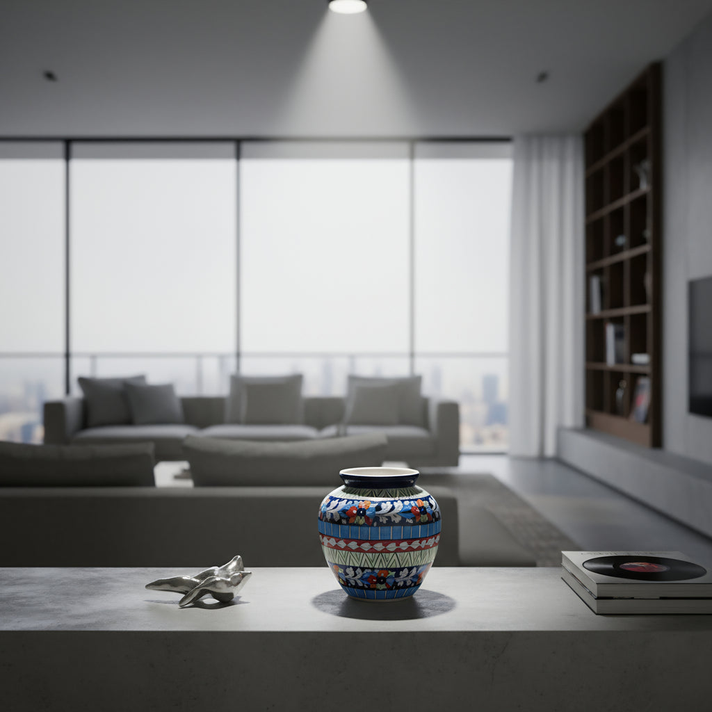 Multicolor Floral Apple-Shaped Blue Pottery Vase – 9 Inch