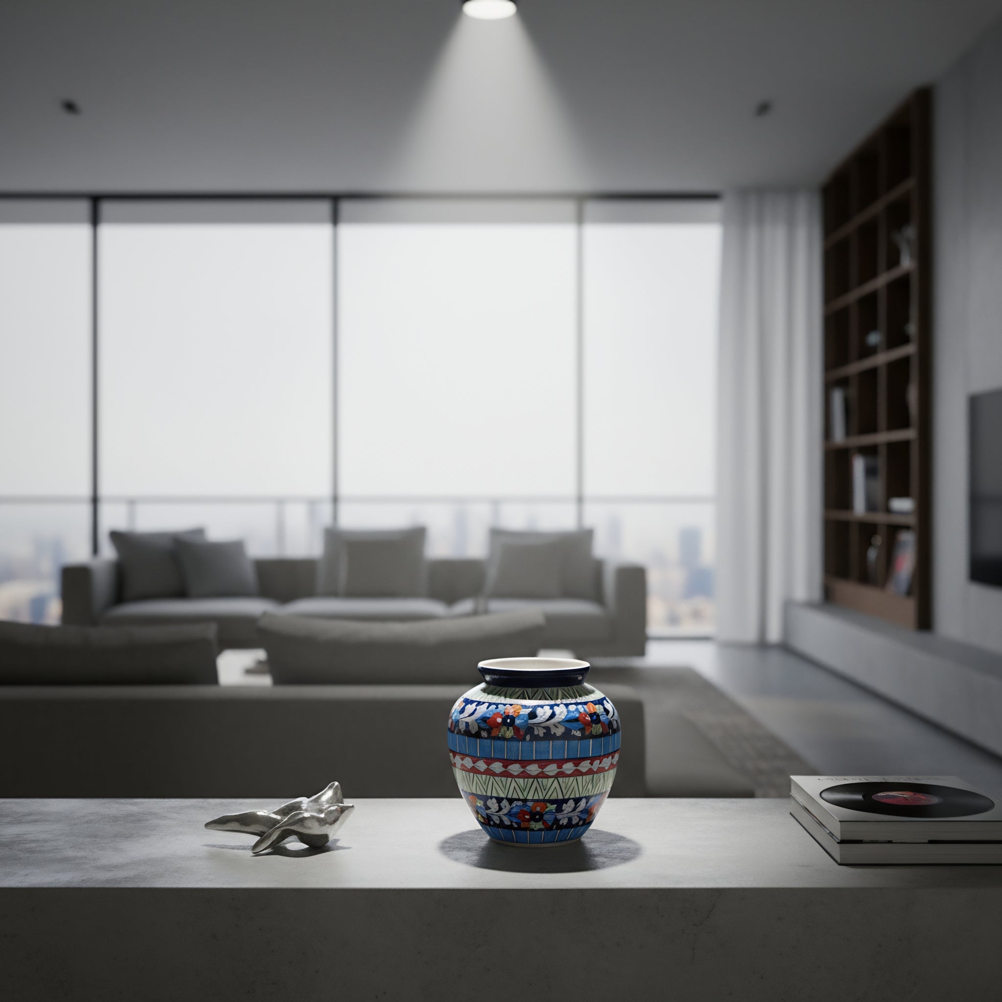 Multicolor Floral Apple-Shaped Blue Pottery Vase – 9 Inch