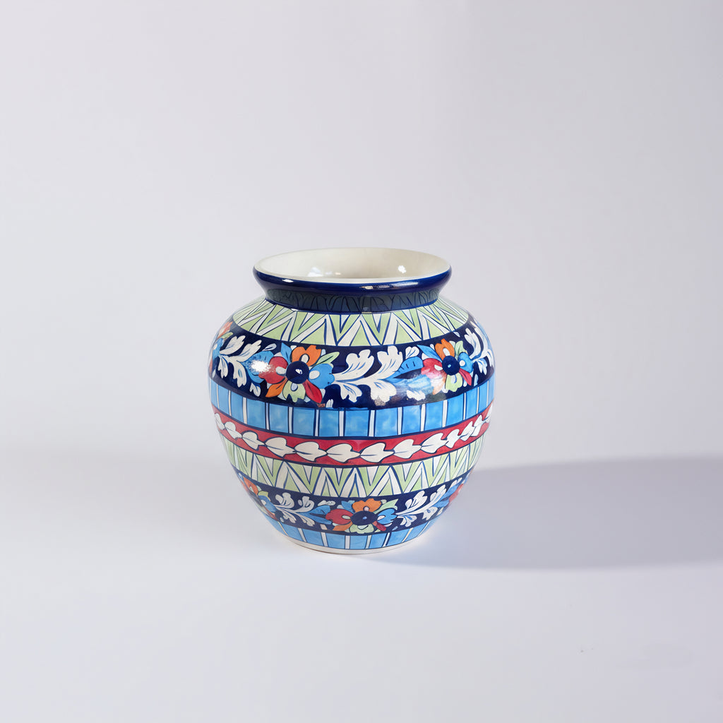 Multicolor Floral Apple-Shaped Blue Pottery Vase – 9 Inch