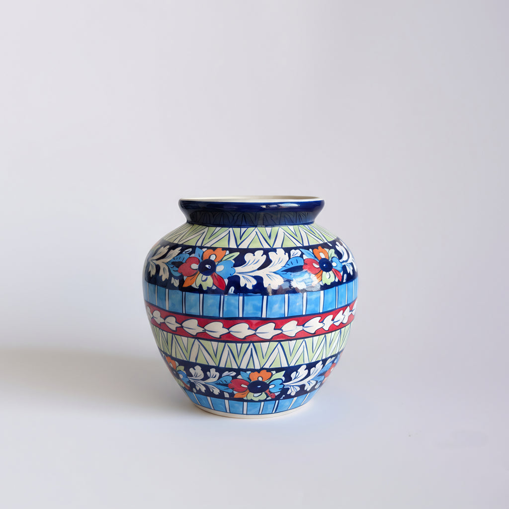 Multicolor Floral Apple-Shaped Blue Pottery Vase – 9 Inch