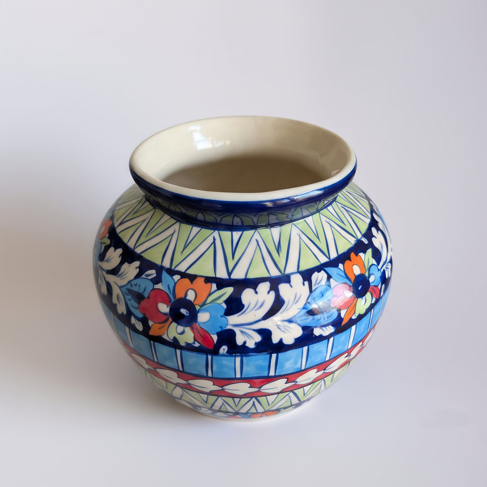 Multicolor Floral Apple-Shaped Blue Pottery Vase – 9 Inch