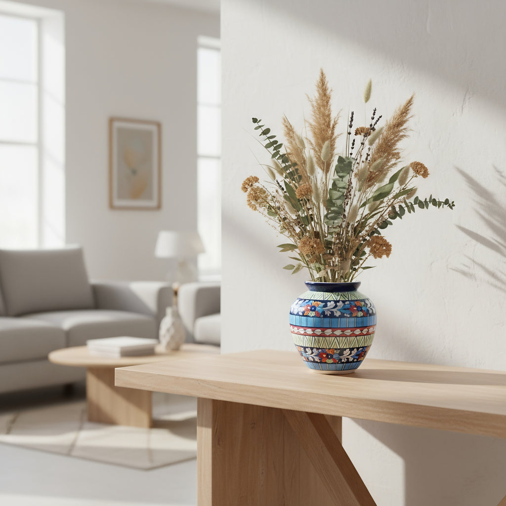 Multicolor Floral Apple-Shaped Blue Pottery Vase – 9 Inch