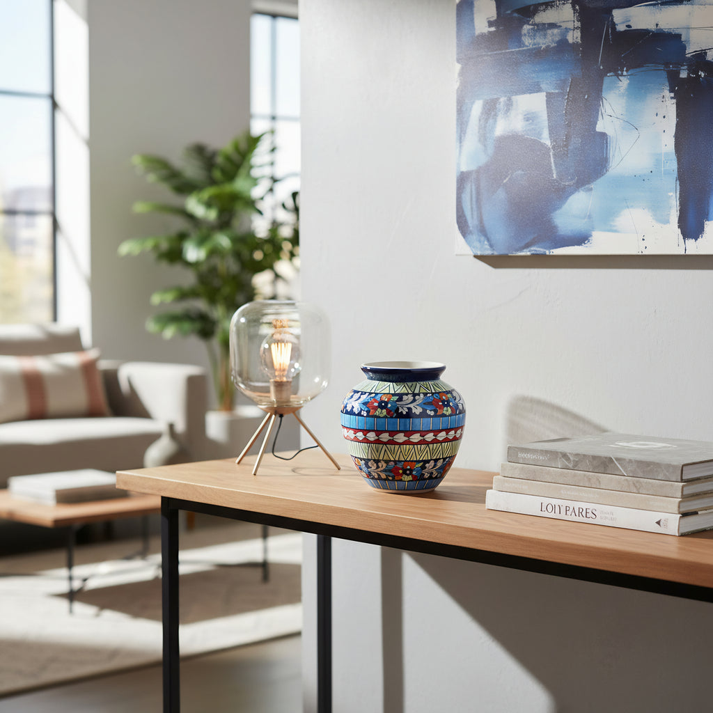 Multicolor Floral Apple-Shaped Blue Pottery Vase – 9 Inch