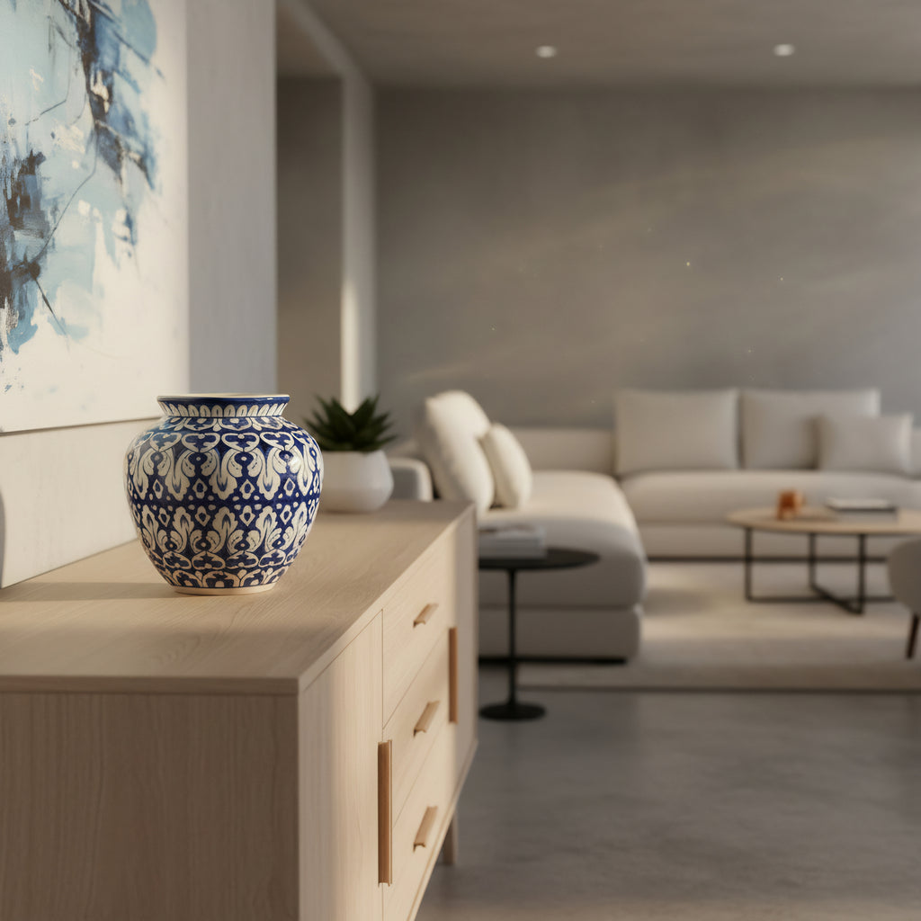 9″ Apple-Shaped Blue Floral Vase