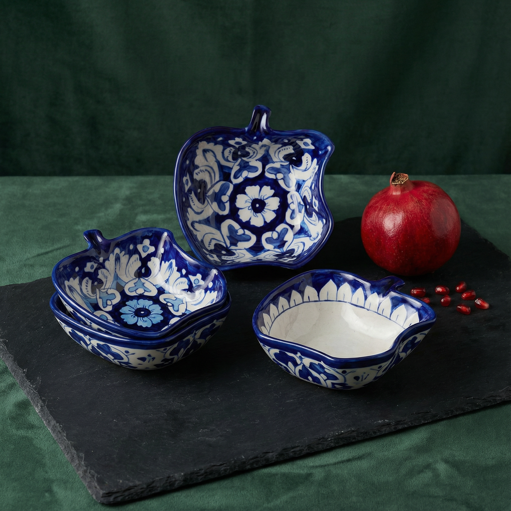 Three handmade apple bowls showcasing authentic blue pottery techniques — Craftan Pakistan