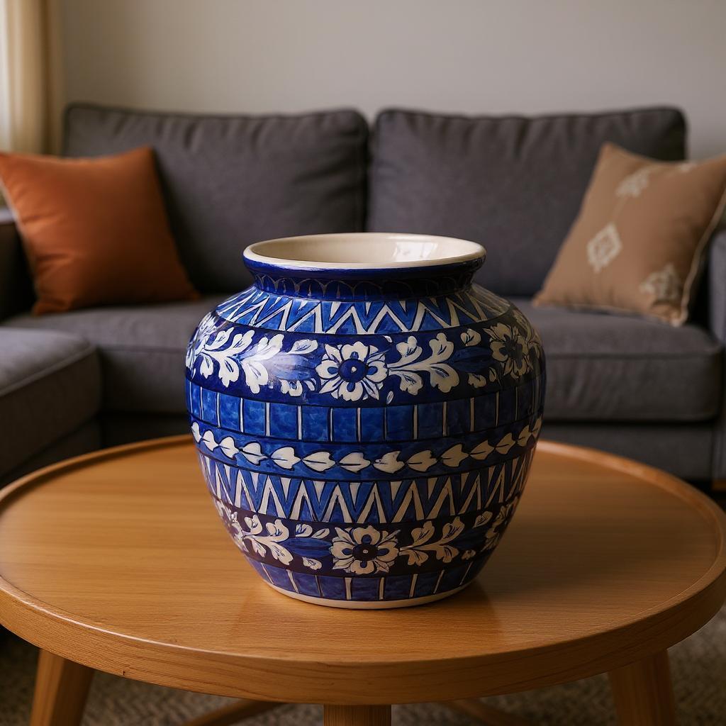 Blue and white patterned Multani Blue pottery vase on a wooden table with a couch in the background