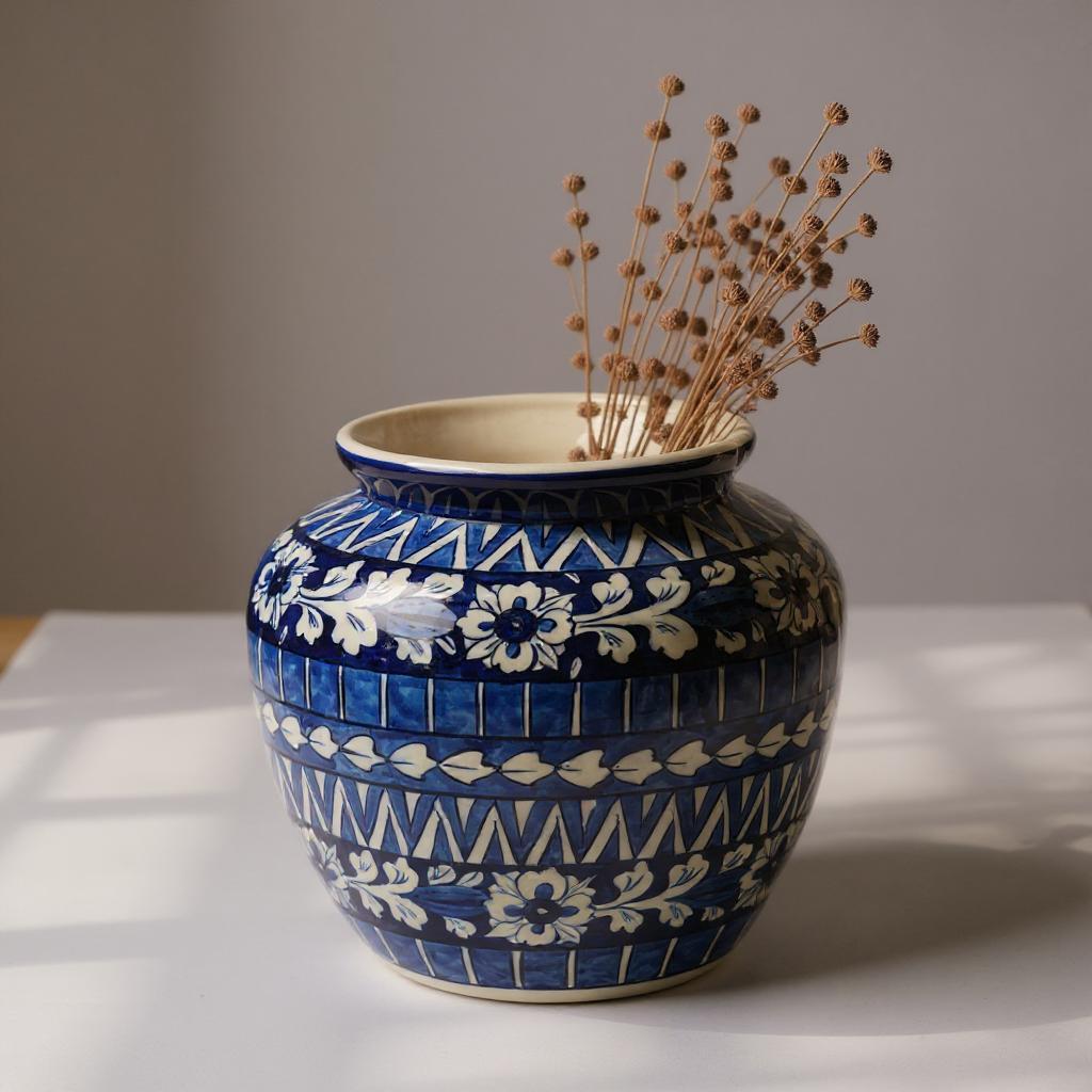 Blue and white patterned Multani Blue pottery vase with dried flowers on a light surface