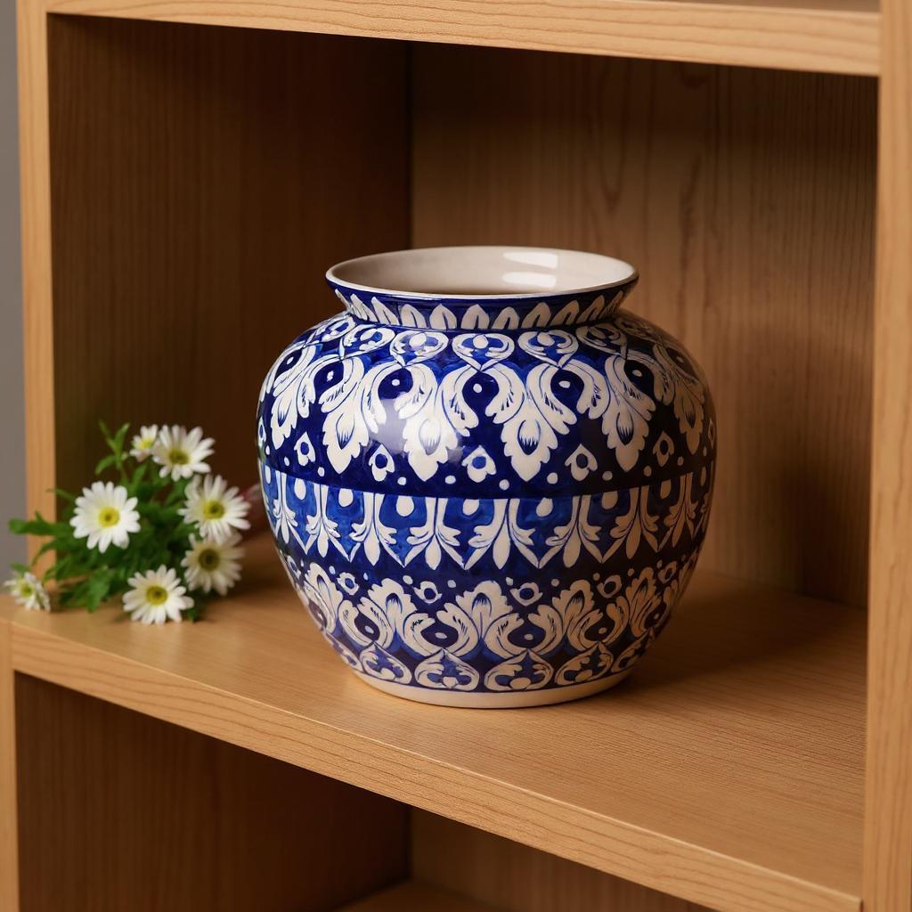 Blue and white patterned Multani blue pottery  vase on a wooden shelf with flowers.