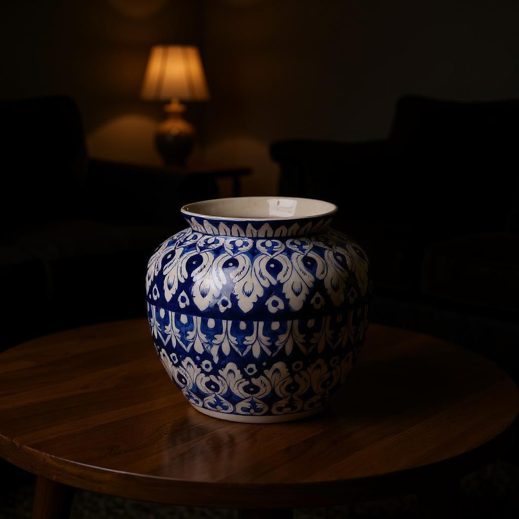 Blue and white patterned Multani blue pottery  vase on a wooden table in a dimly lit room.