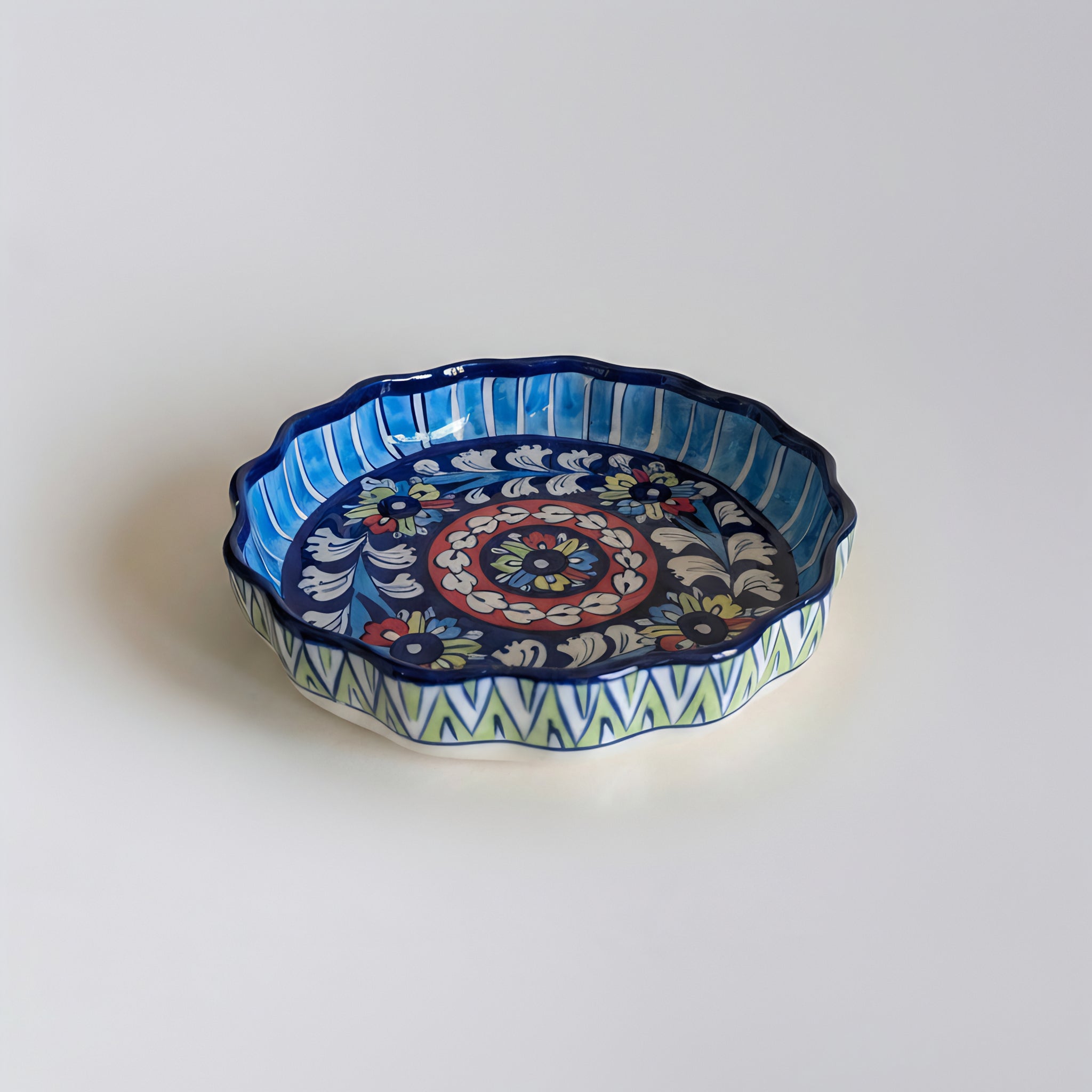 Blue Pottery Pie Dish / Wall Hanging — 8″ Multani Ceramic (Wavy Edge Floral Design)