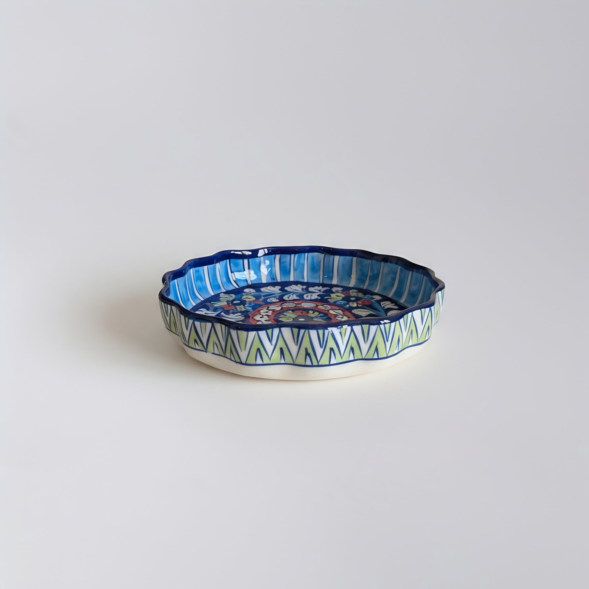 Blue Pottery Pie Dish / Wall Hanging — 8″ Multani Ceramic (Wavy Edge Floral Design)