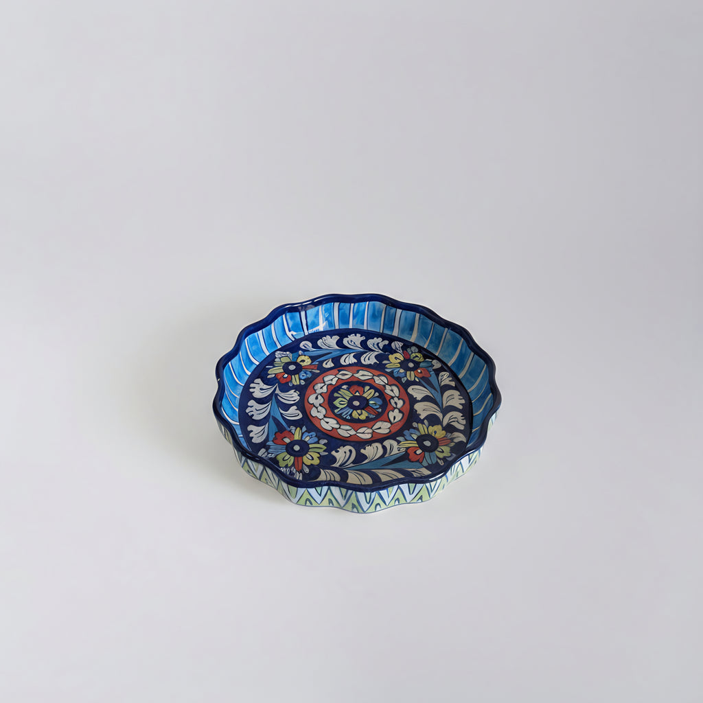 Blue Pottery Pie Dish / Wall Hanging — 8″ Multani Ceramic (Wavy Edge Floral Design)