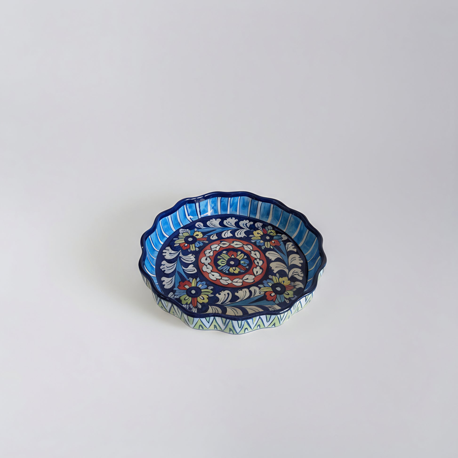 Blue Pottery Pie Dish / Wall Hanging — 8″ Multani Ceramic (Wavy Edge Floral Design)