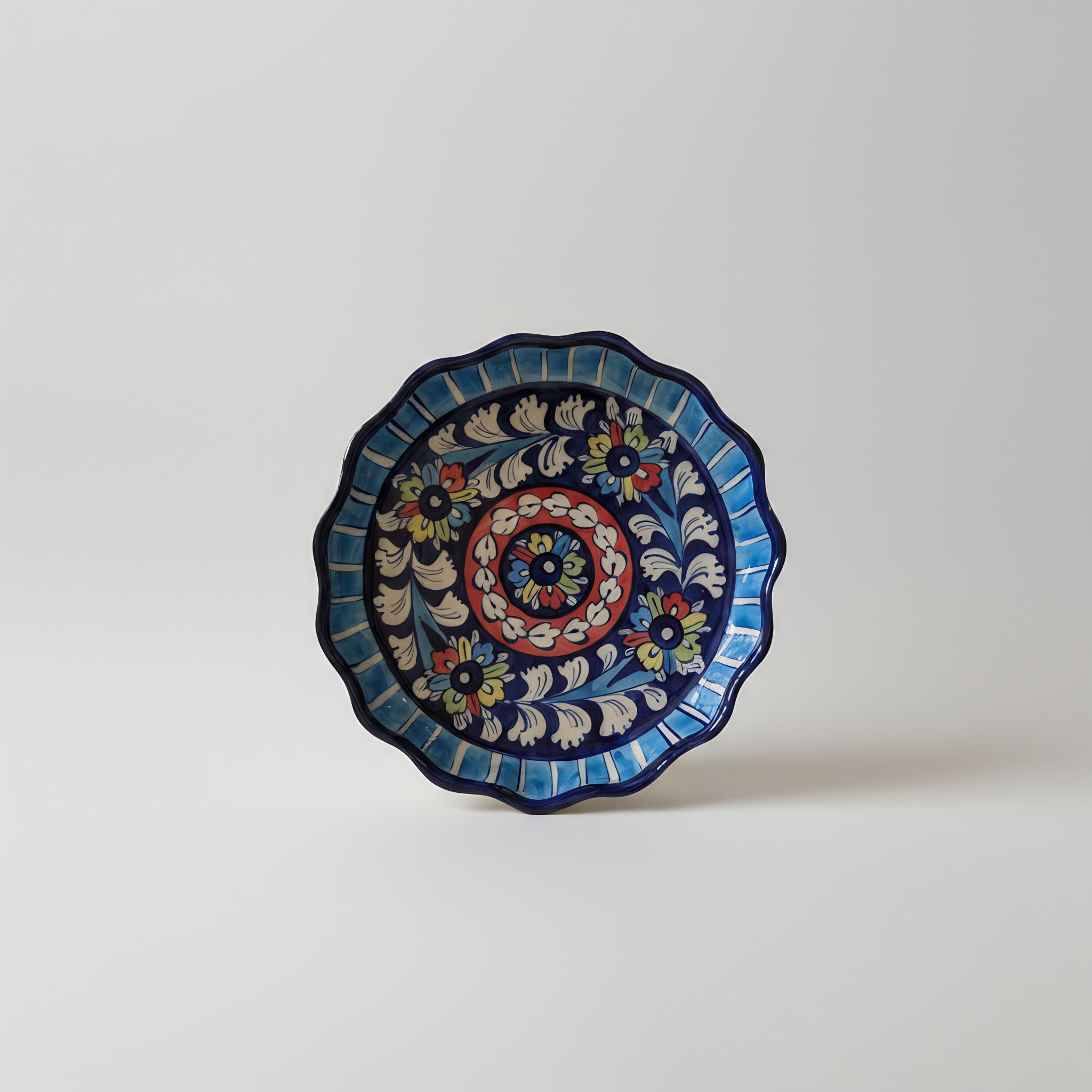 Blue Pottery Pie Dish / Wall Hanging — 8″ Multani Ceramic (Wavy Edge Floral Design)