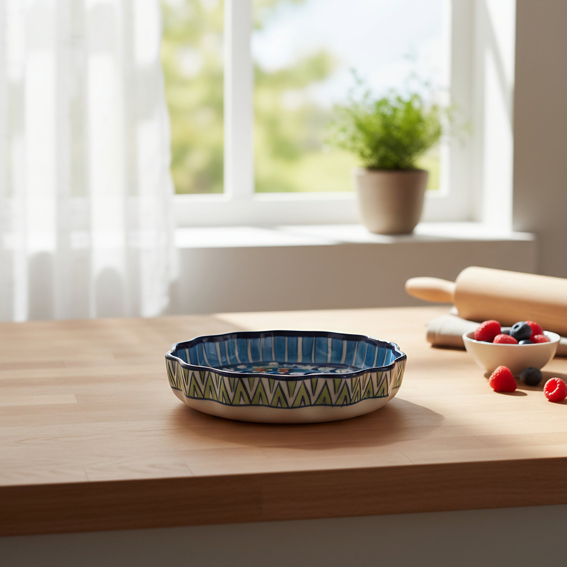 Blue Pottery Pie Dish / Wall Hanging — 8″ Multani Ceramic (Wavy Edge Floral Design)