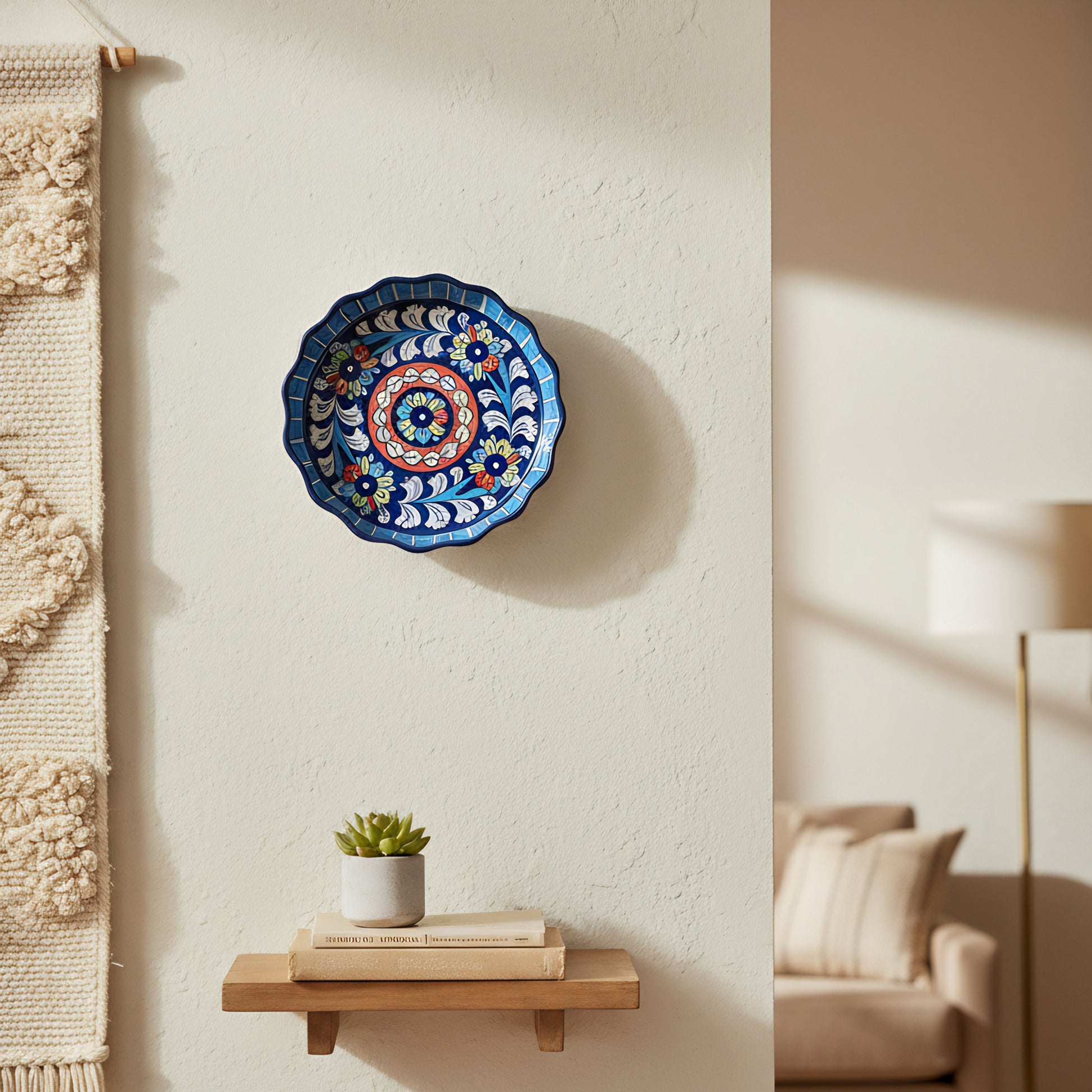 Blue Pottery Pie Dish / Wall Hanging — 8″ Multani Ceramic (Wavy Edge Floral Design)
