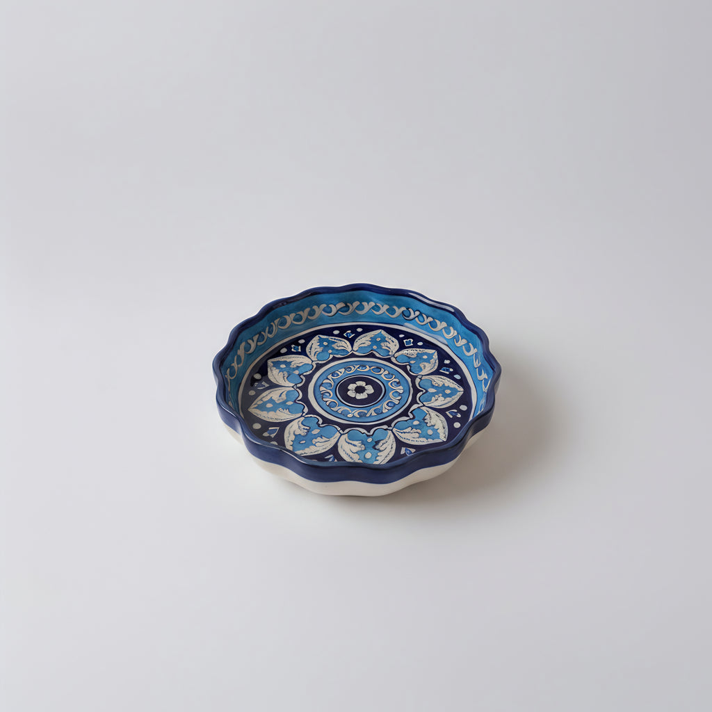 Blue Pottery Pie Dish / Wall Plate — 8″ Multani Ceramic (Leaf Medallion with Wavy Rim)