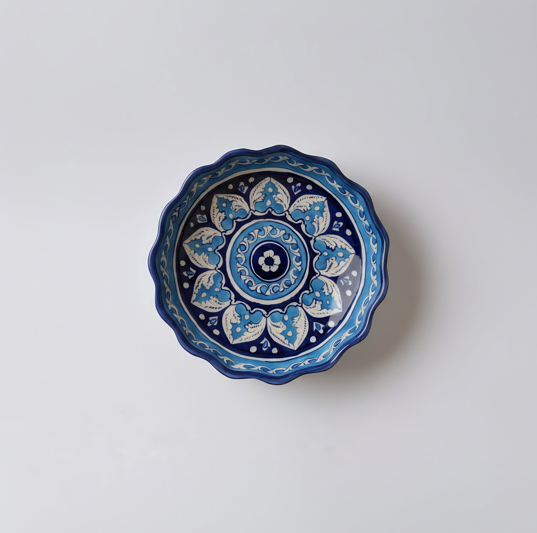Blue Pottery Pie Dish / Wall Plate — 8″ Multani Ceramic (Leaf Medallion with Wavy Rim)