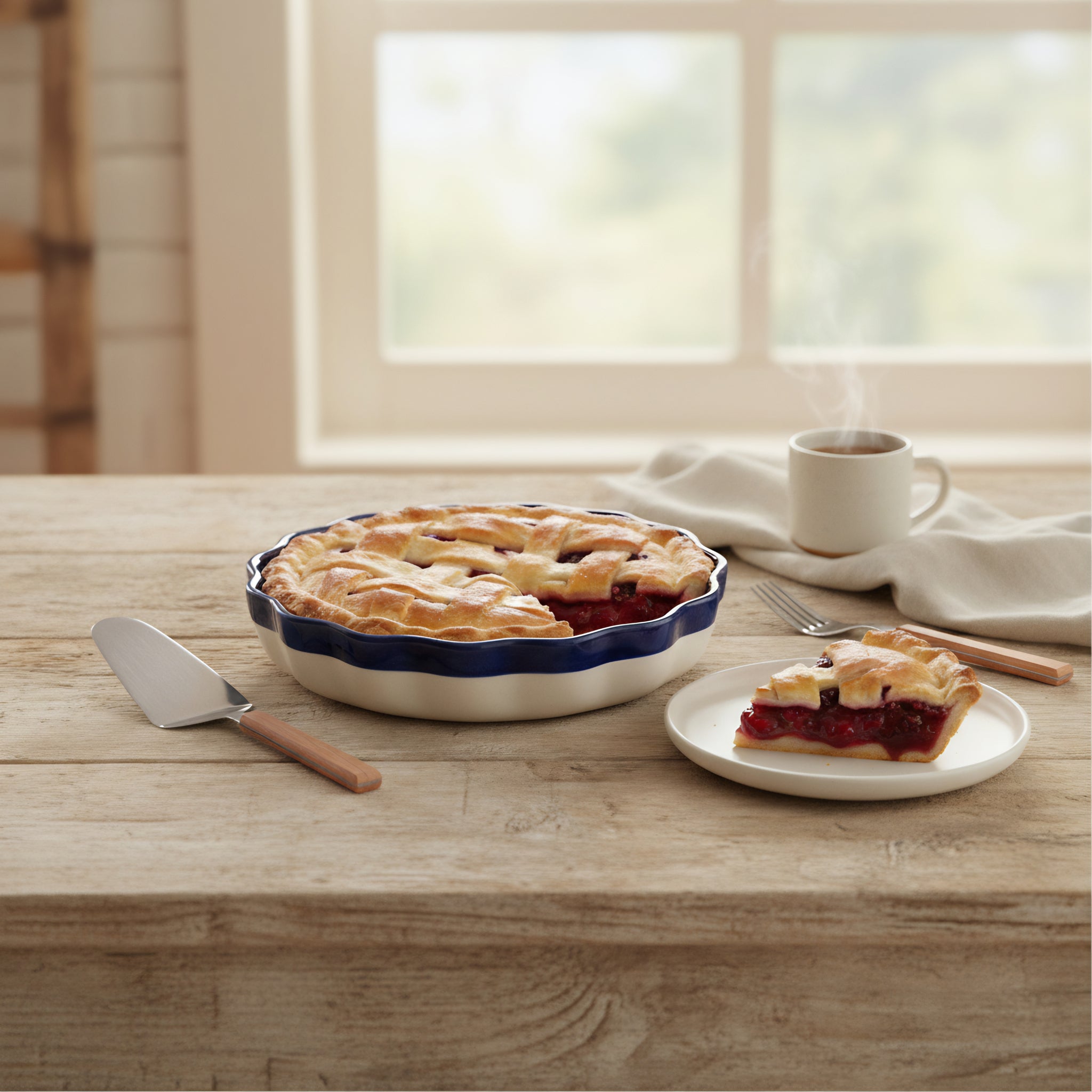 Blue Pottery Pie Dish / Wall Plate — 8″ Multani Ceramic (Leaf Medallion with Wavy Rim)