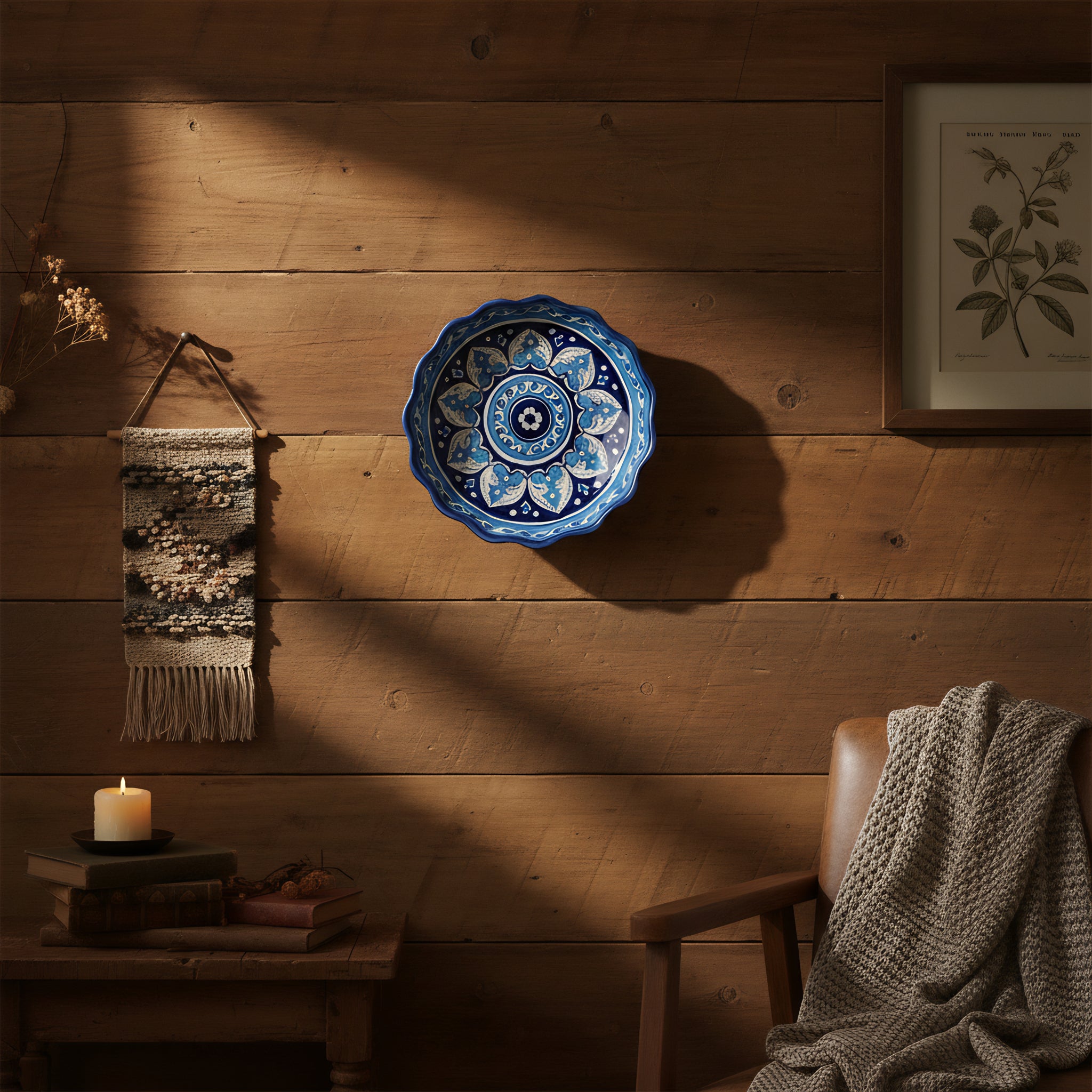 Blue Pottery Pie Dish / Wall Plate — 8″ Multani Ceramic (Leaf Medallion with Wavy Rim)
