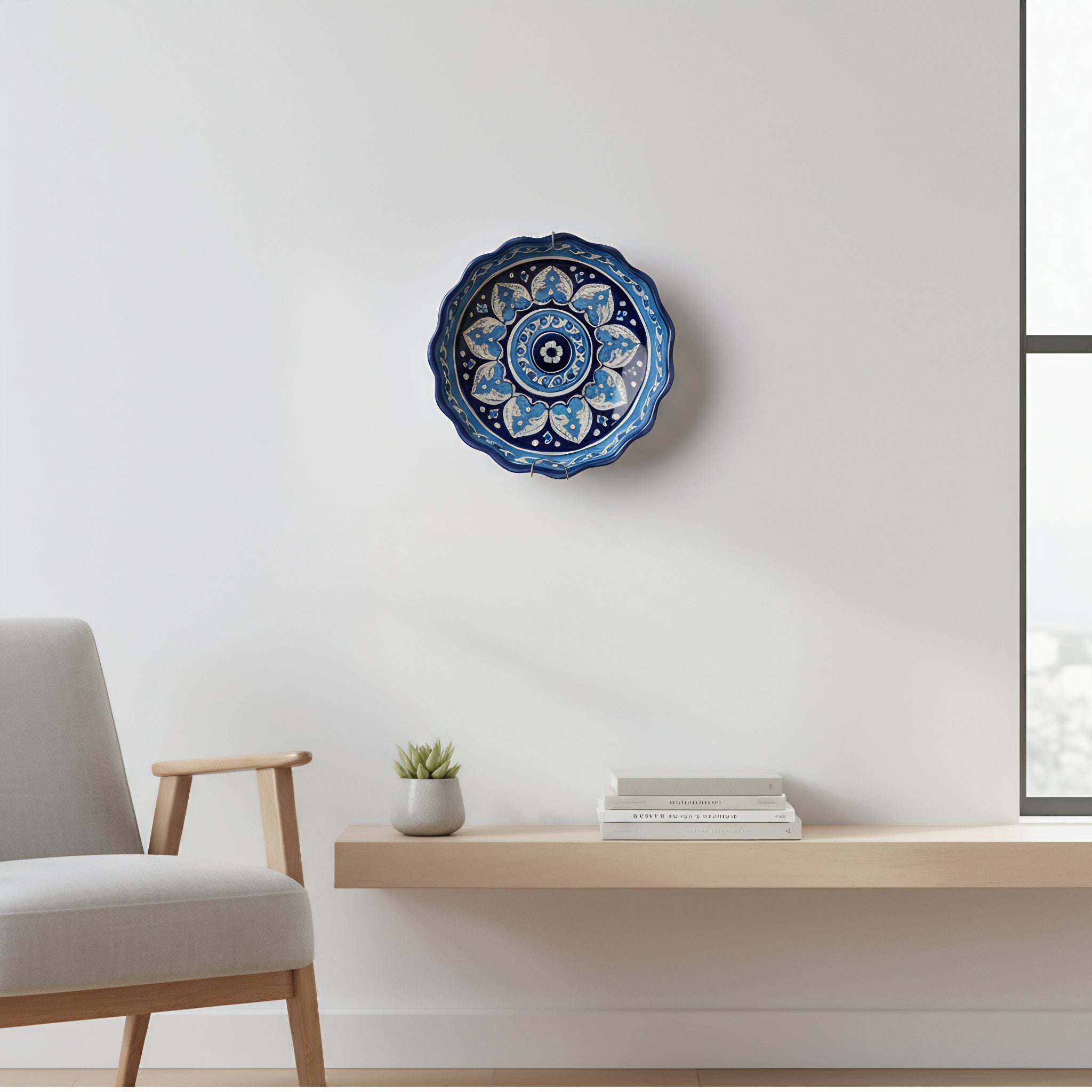 Blue Pottery Pie Dish / Wall Plate — 8″ Multani Ceramic (Leaf Medallion with Wavy Rim)