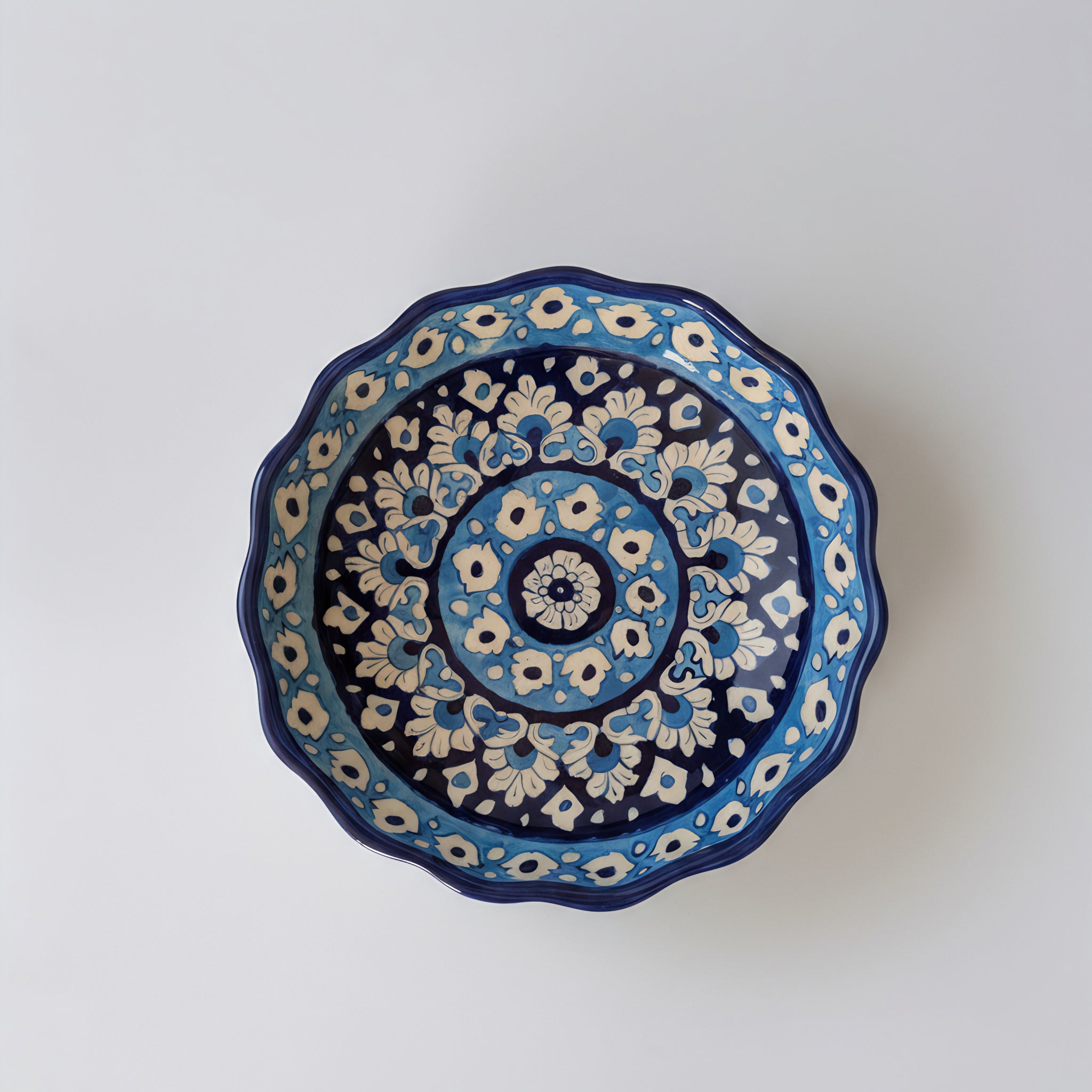 Multani Blue Pottery Apple Pie Dish – Handcrafted 8-Inch Floral Pattern with Wavy Edges