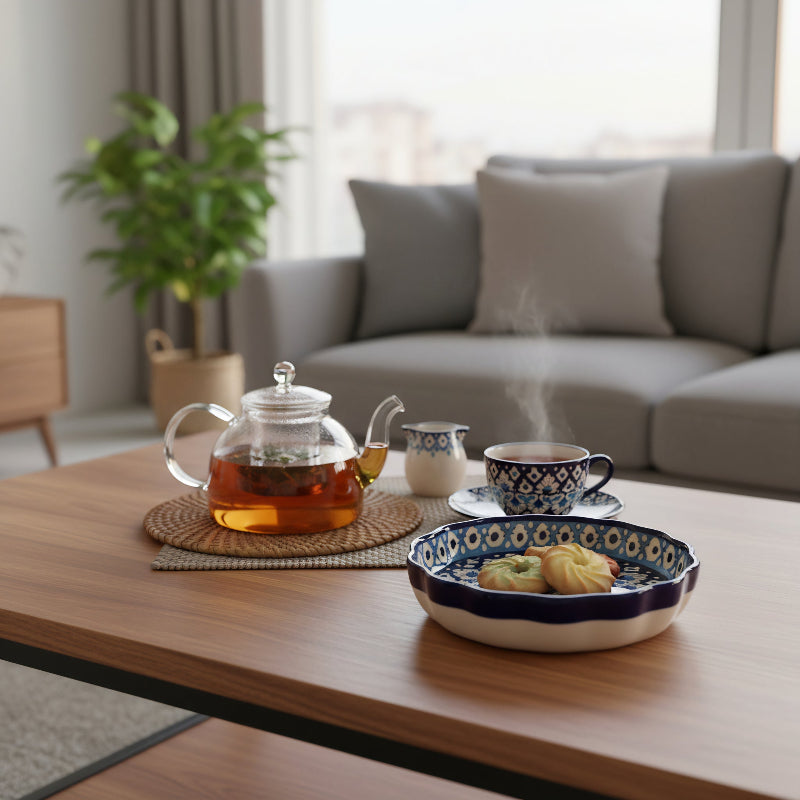 Multani Blue Pottery Apple Pie Dish – Handcrafted 8-Inch Floral Pattern with Wavy Edges