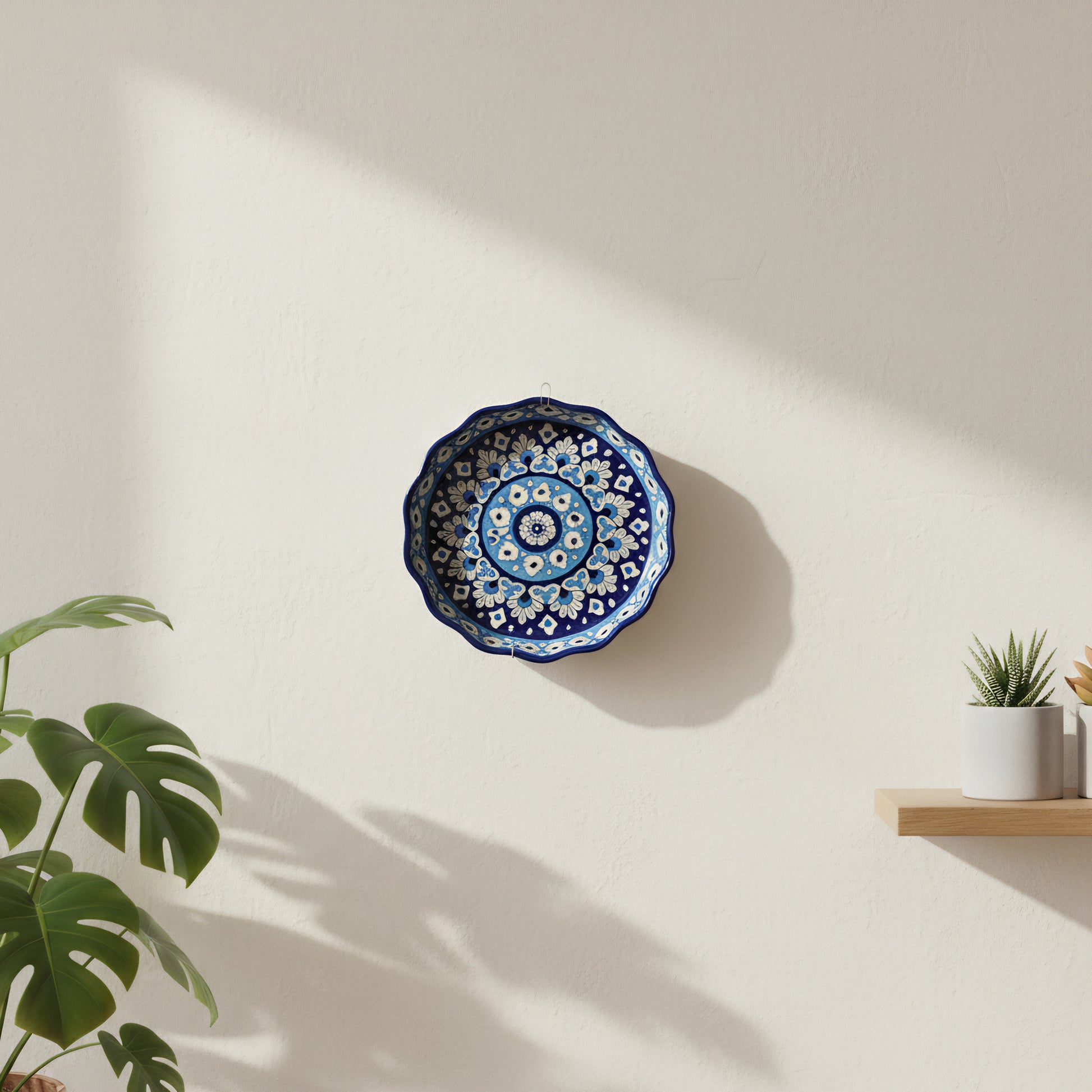 Multani Blue Pottery Apple Pie Dish – Handcrafted 8-Inch Floral Pattern with Wavy Edges