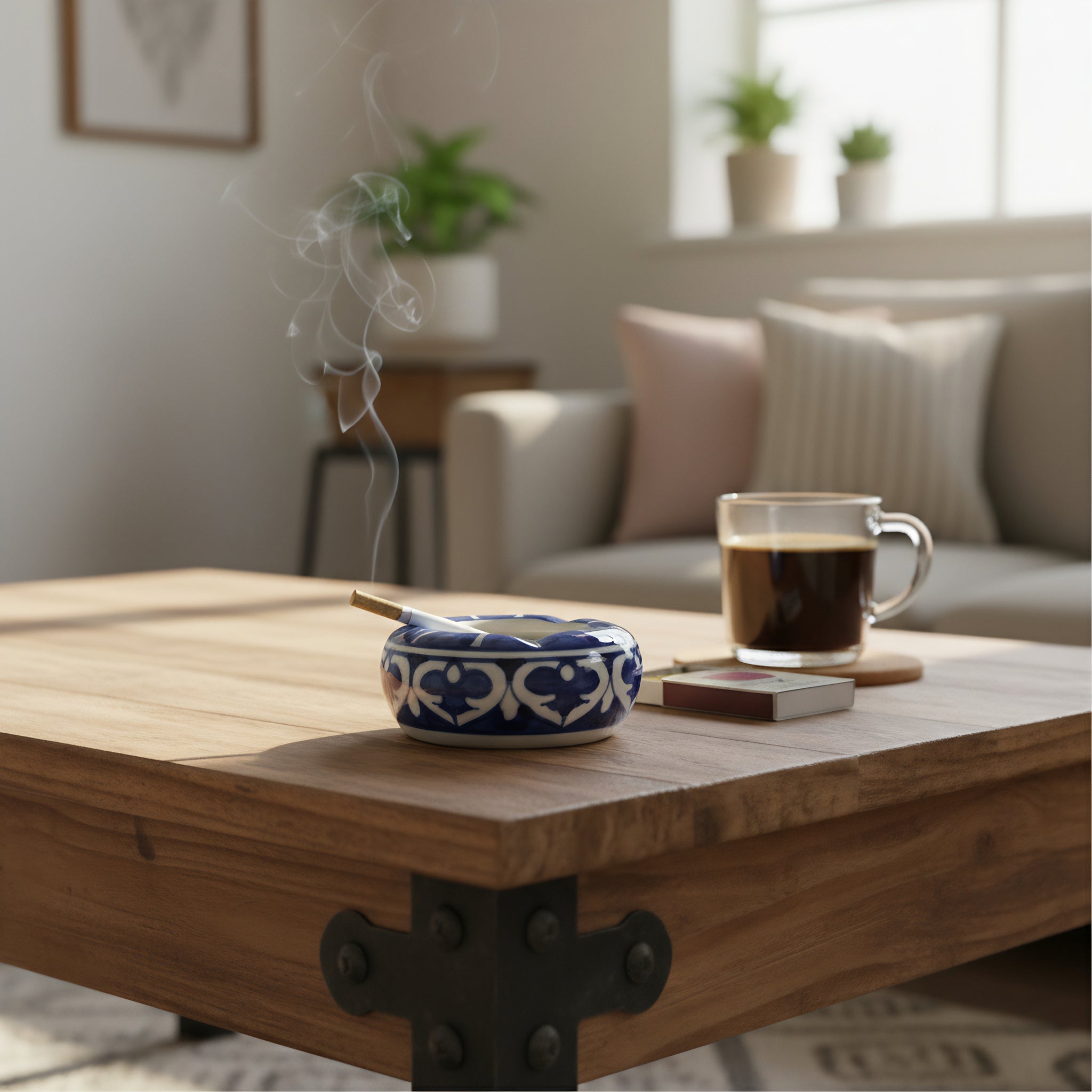 Blue Pottery Ashtray – Handcrafted Ceramic desk organizer & table accessory Floral design