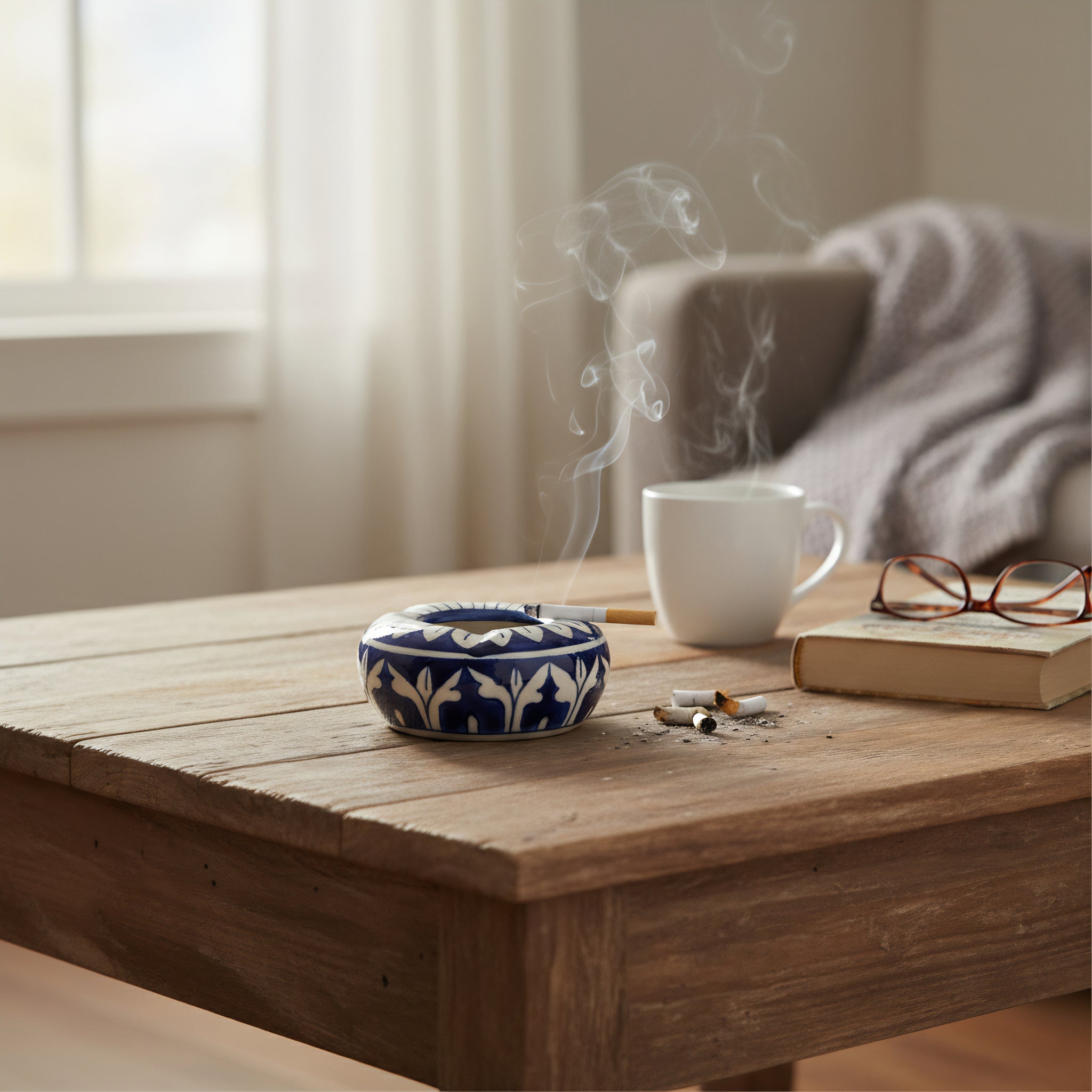 Blue Pottery Ashtray – Handcrafted Ceramic desk organizer & table accessory Floral motif