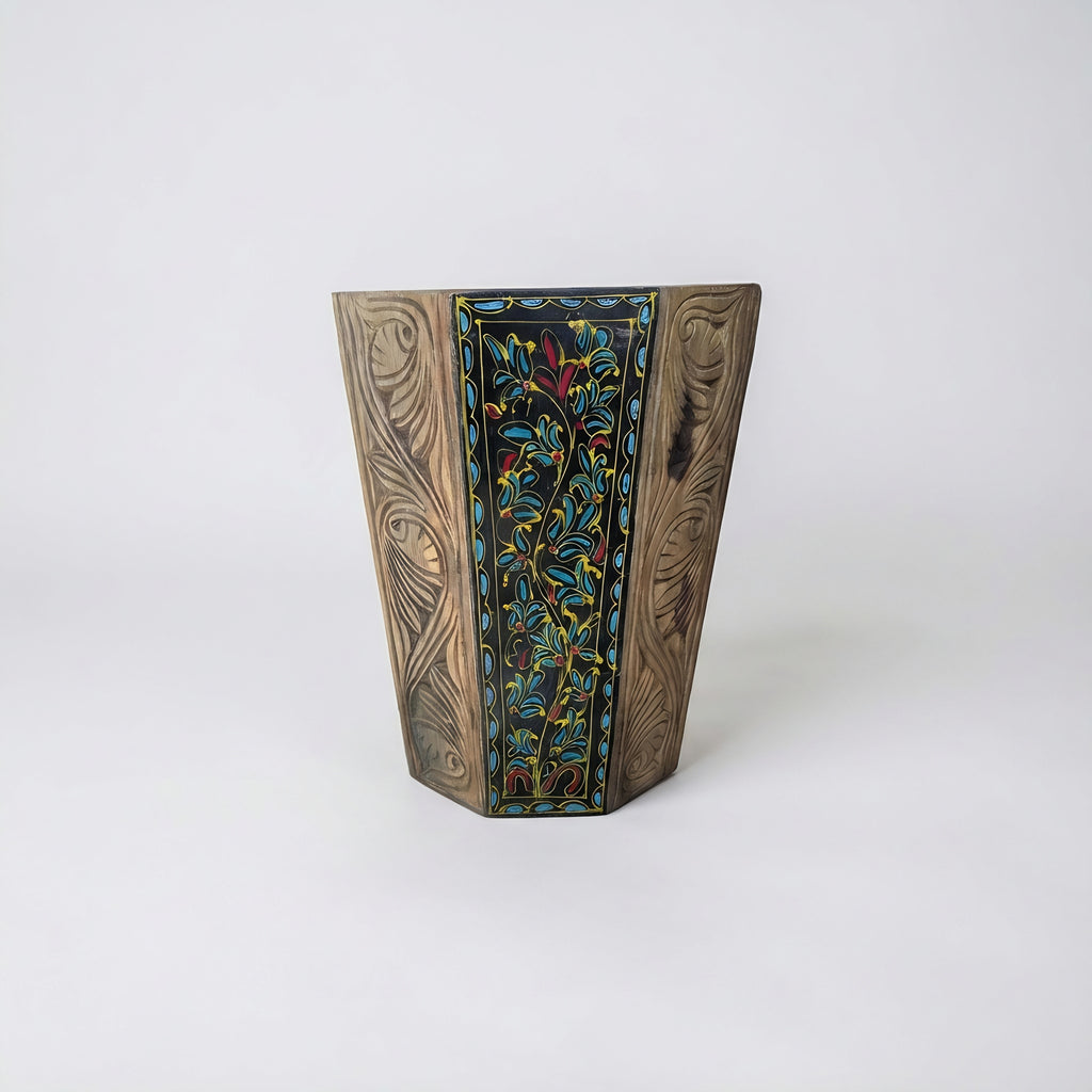 Swati Hand-Carved & Painted Wooden Basket viewed from side angle — handmade Swati — Craftan Pakistan